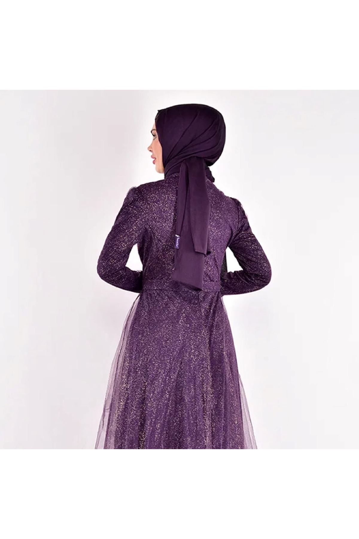 Eteği Katlı Tül Abiye Mor