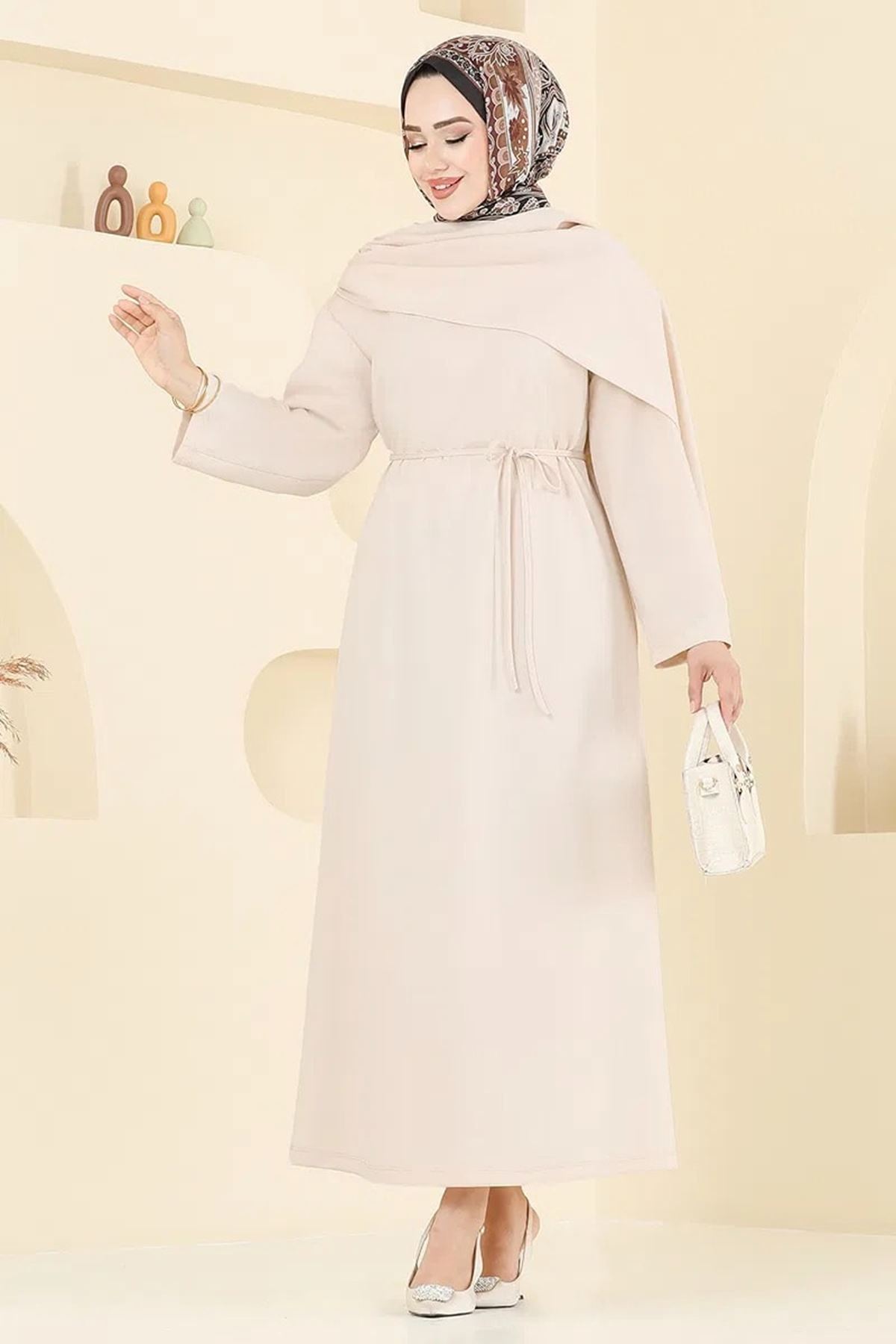 Şal Detay Kemerli Elbise - Bej