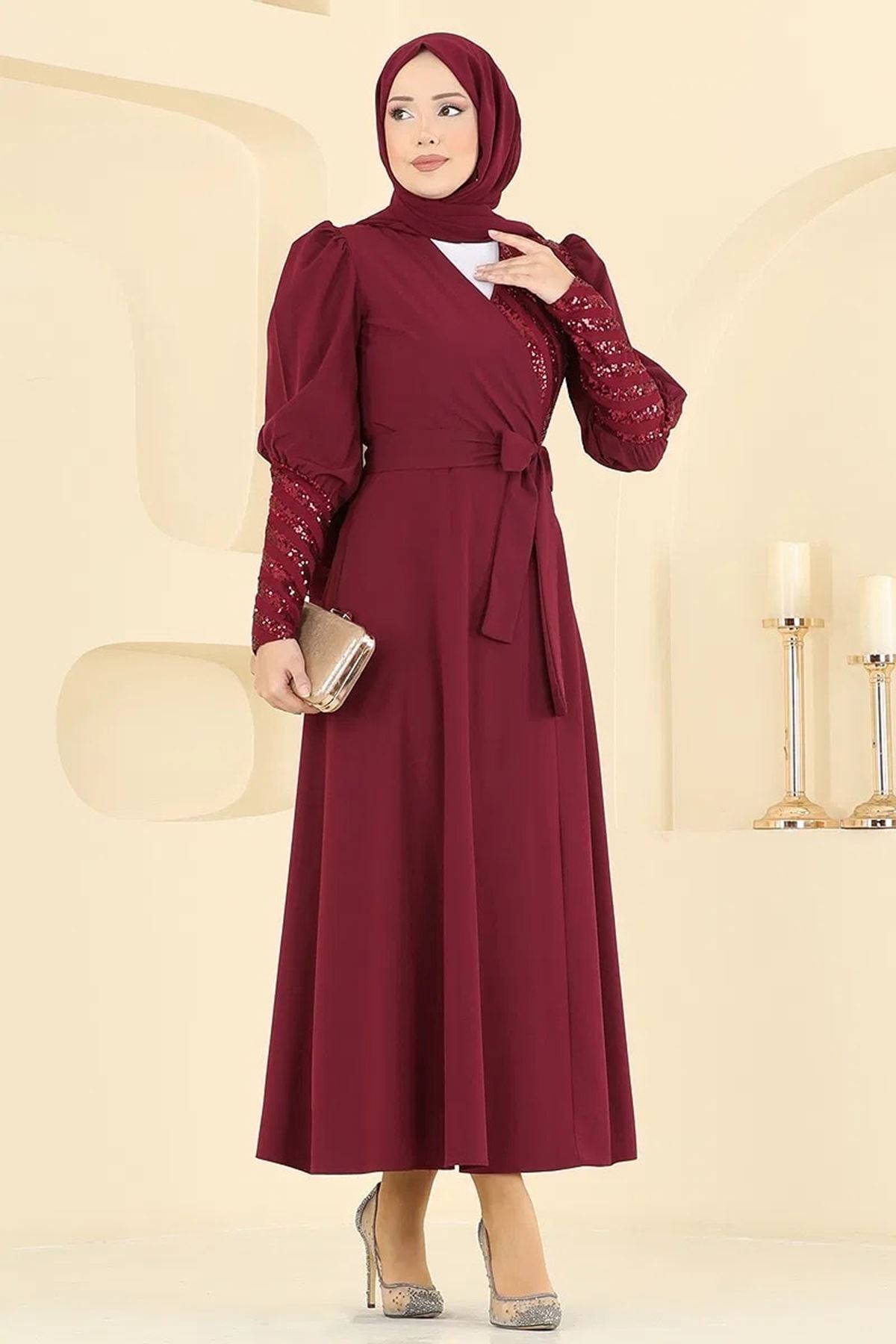 Pul Detaylı Abiye - Bordo