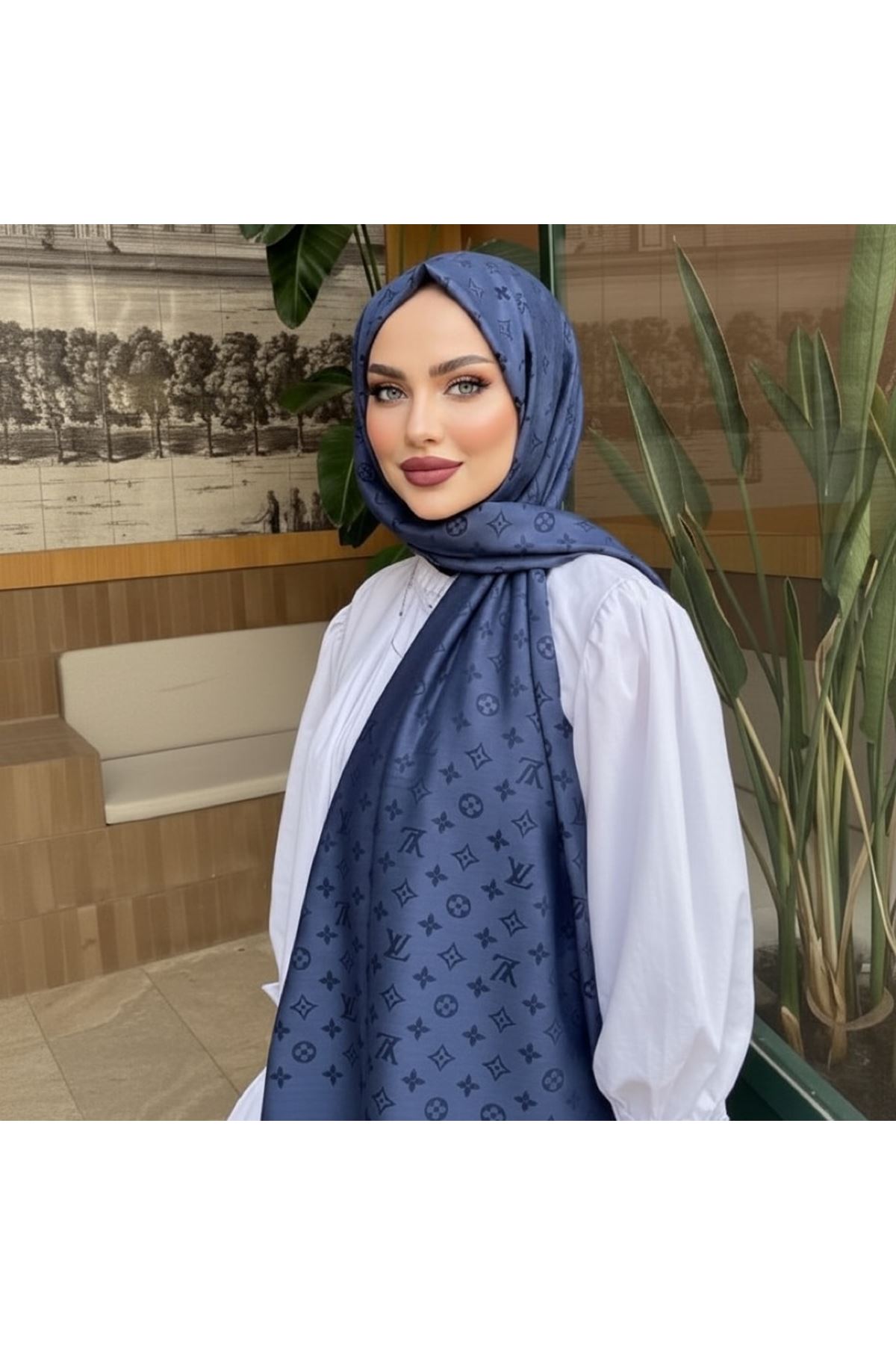 İthal LV Desen Çift Taraflı Kaşmir Lacivert Şal