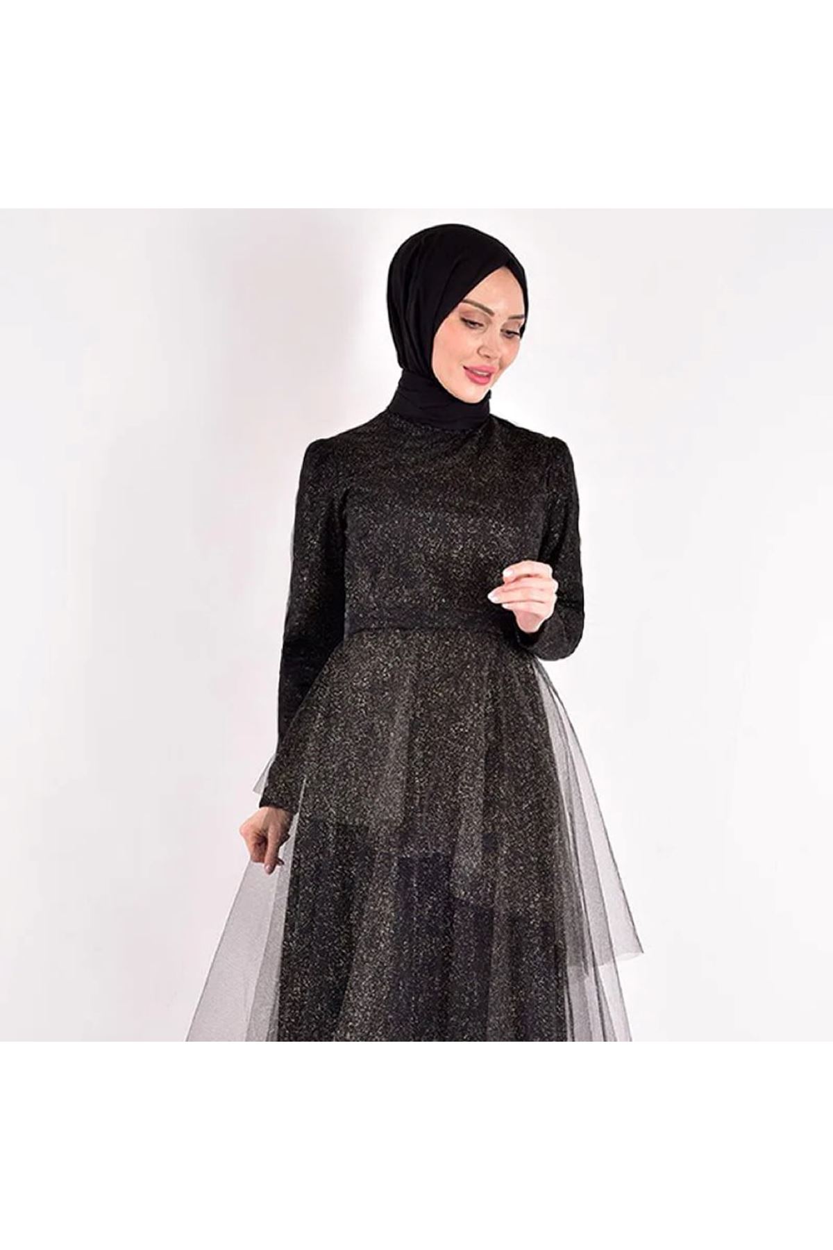 Eteği Katlı Tül Abiye Siyah