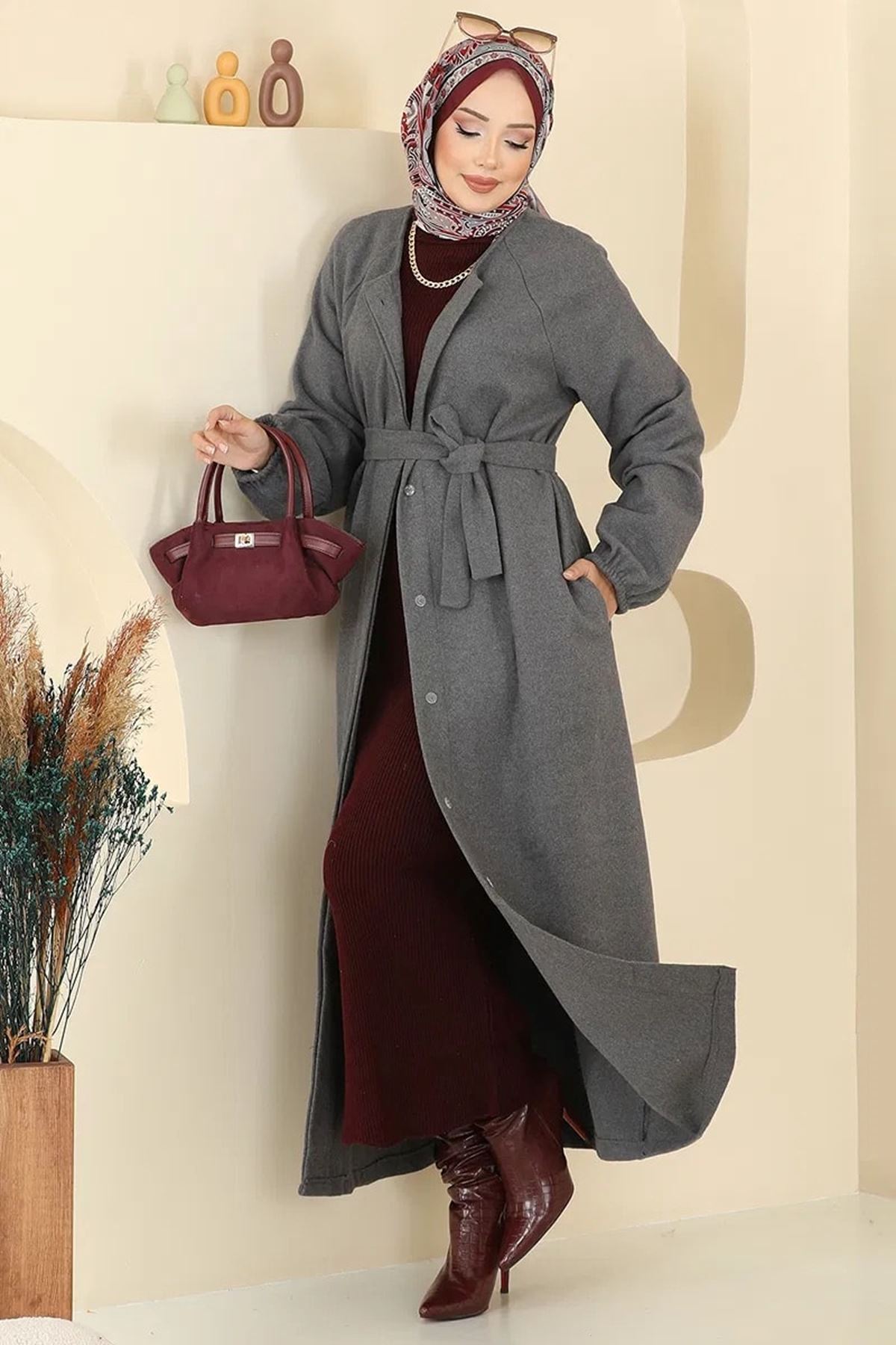 Gizli Düğmeli Kaşe Kaban - Antrasit