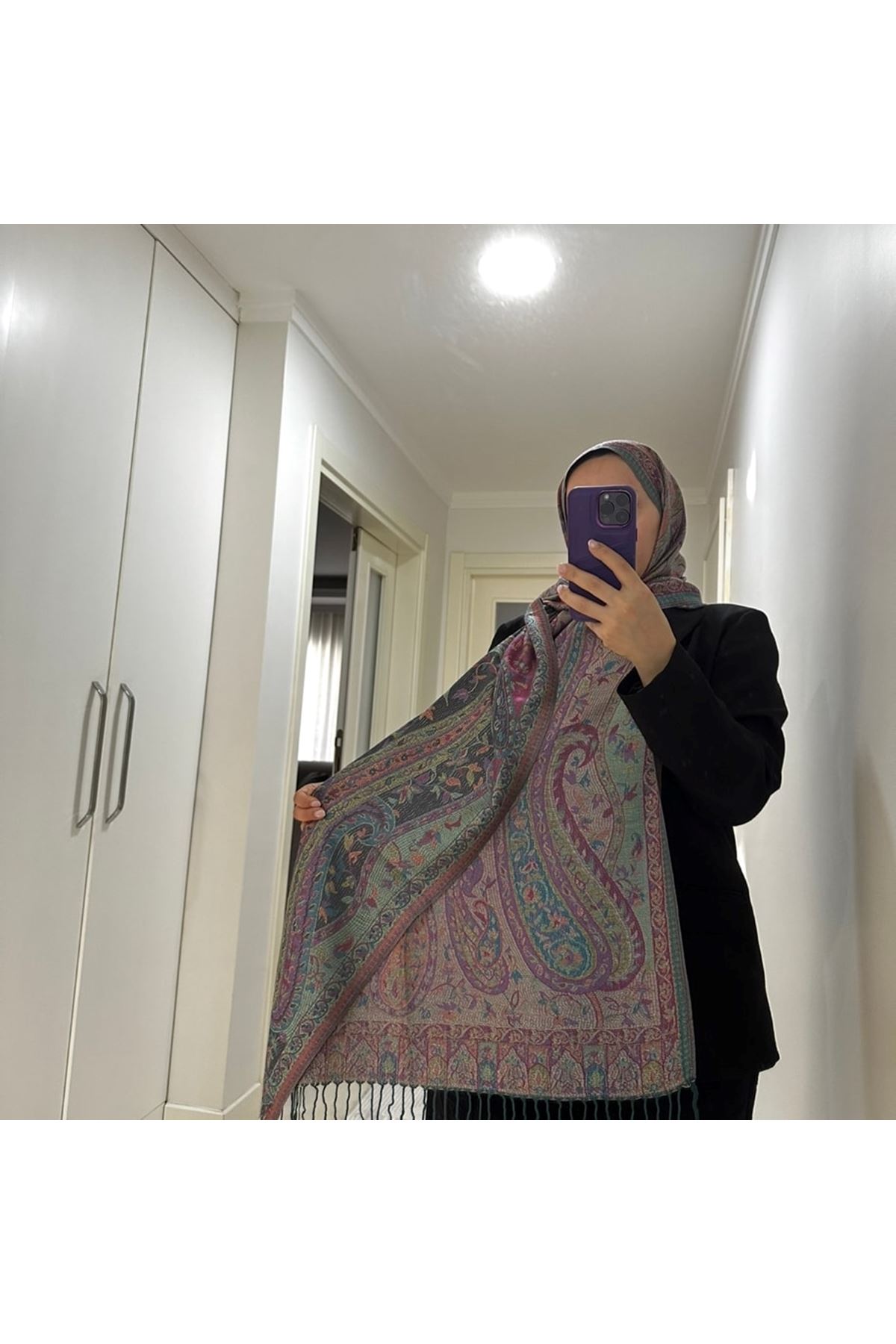 Etnik Desen lacivert Püsküllü Kaşmir Şal