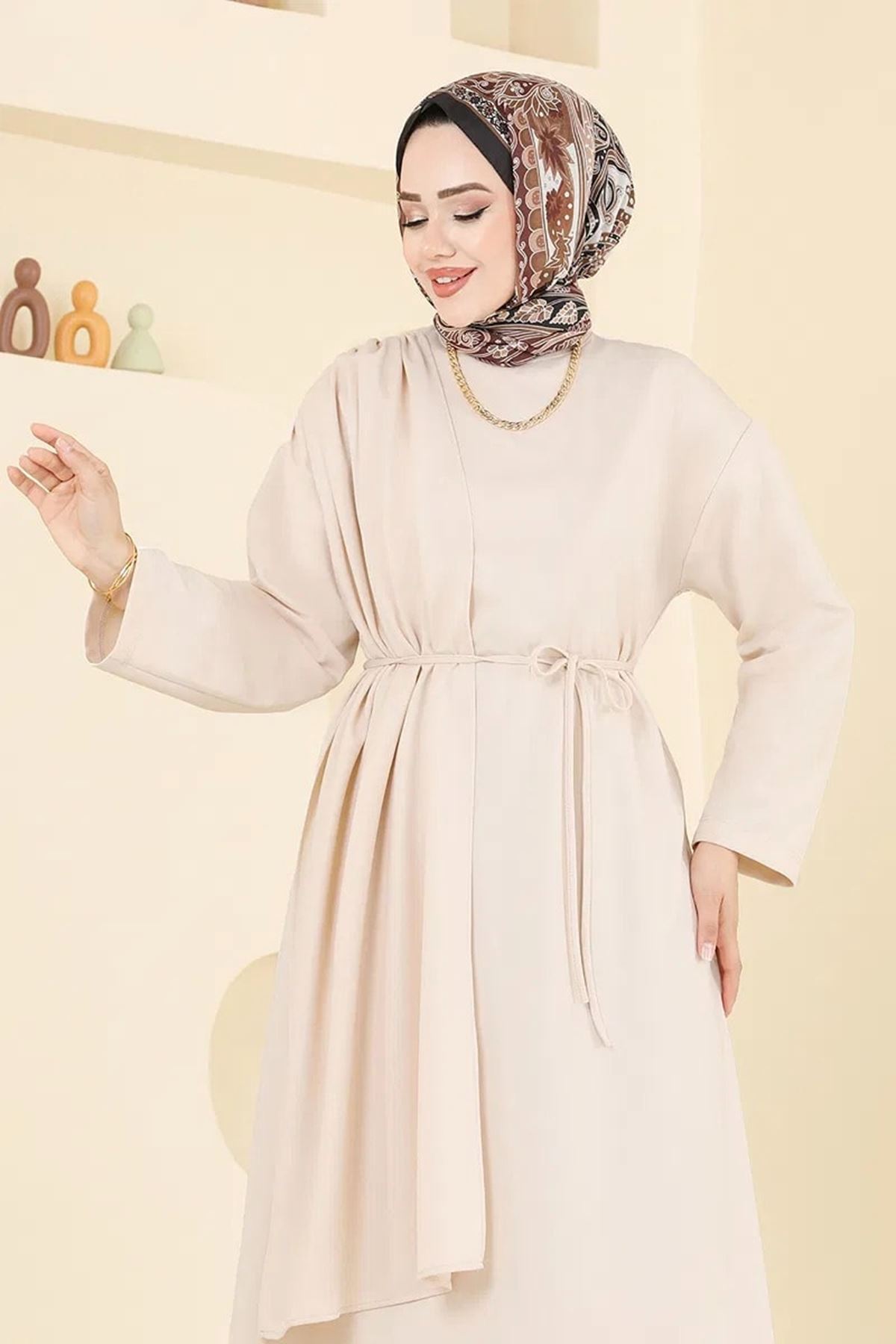 Şal Detay Kemerli Elbise - Bej