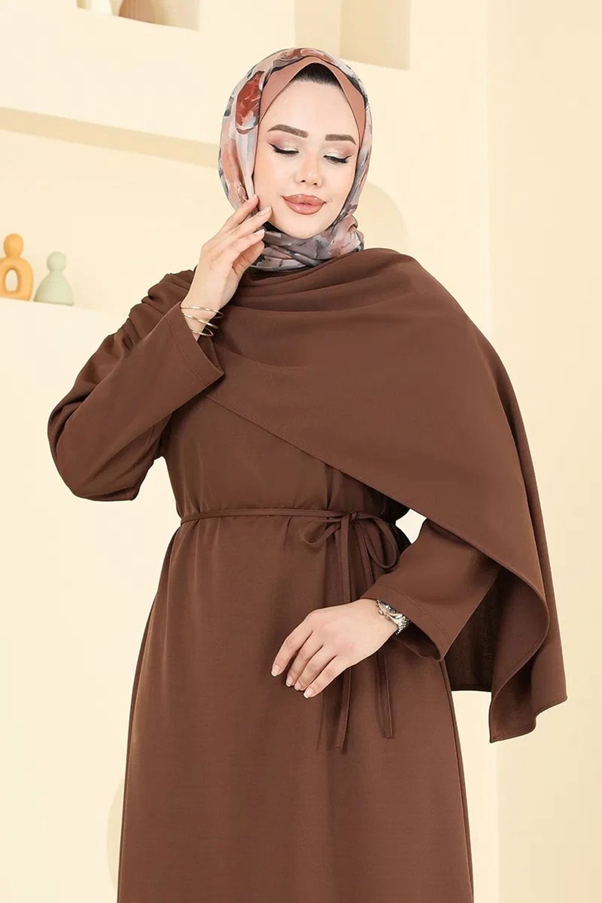 Şal Detay Kemerli Elbise - Kahve