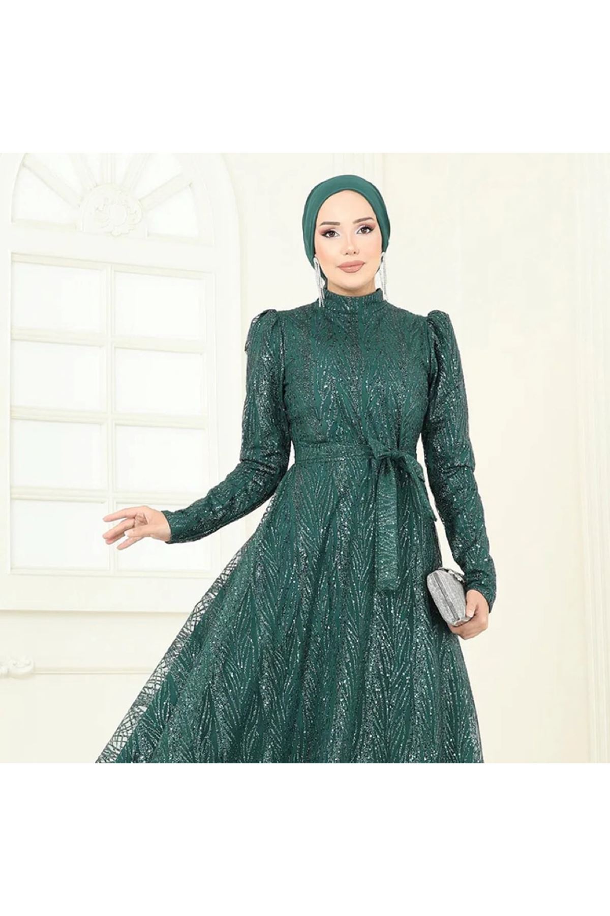 Beli Bağcıklı Simli Tül Abiye Zümrüt