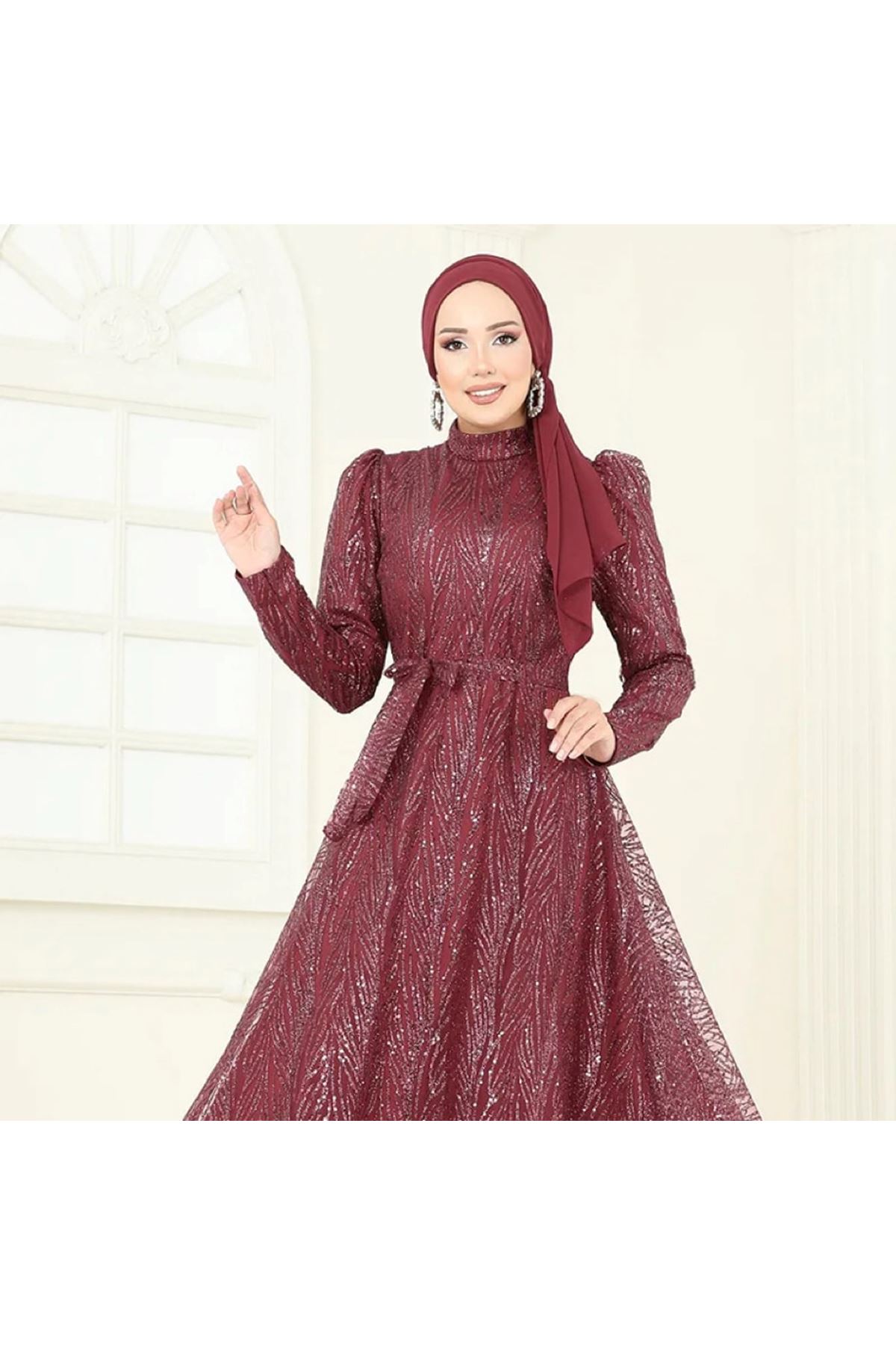 Beli Bağcıklı Simli Tül Abiye Bordo