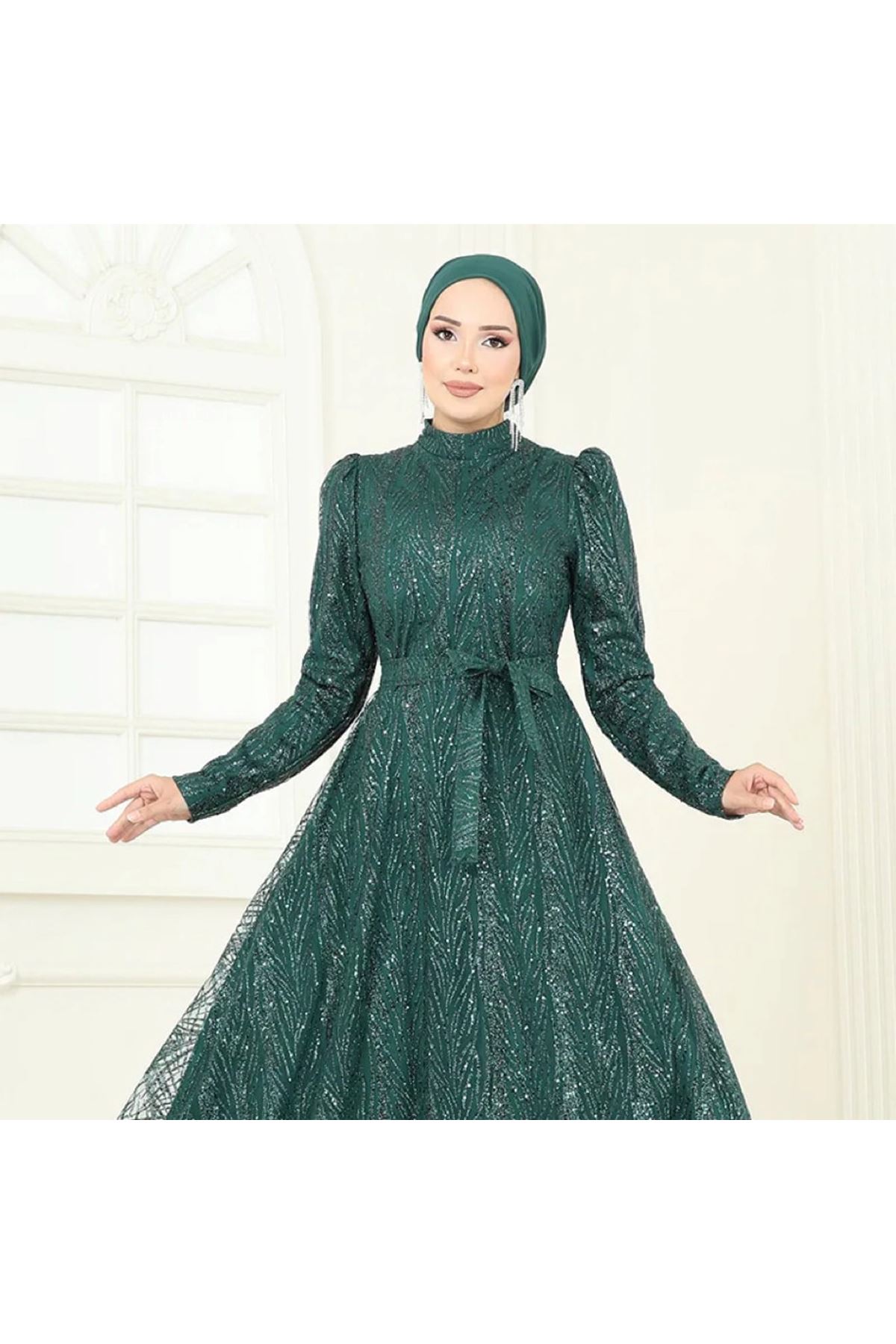 Beli Bağcıklı Simli Tül Abiye Zümrüt