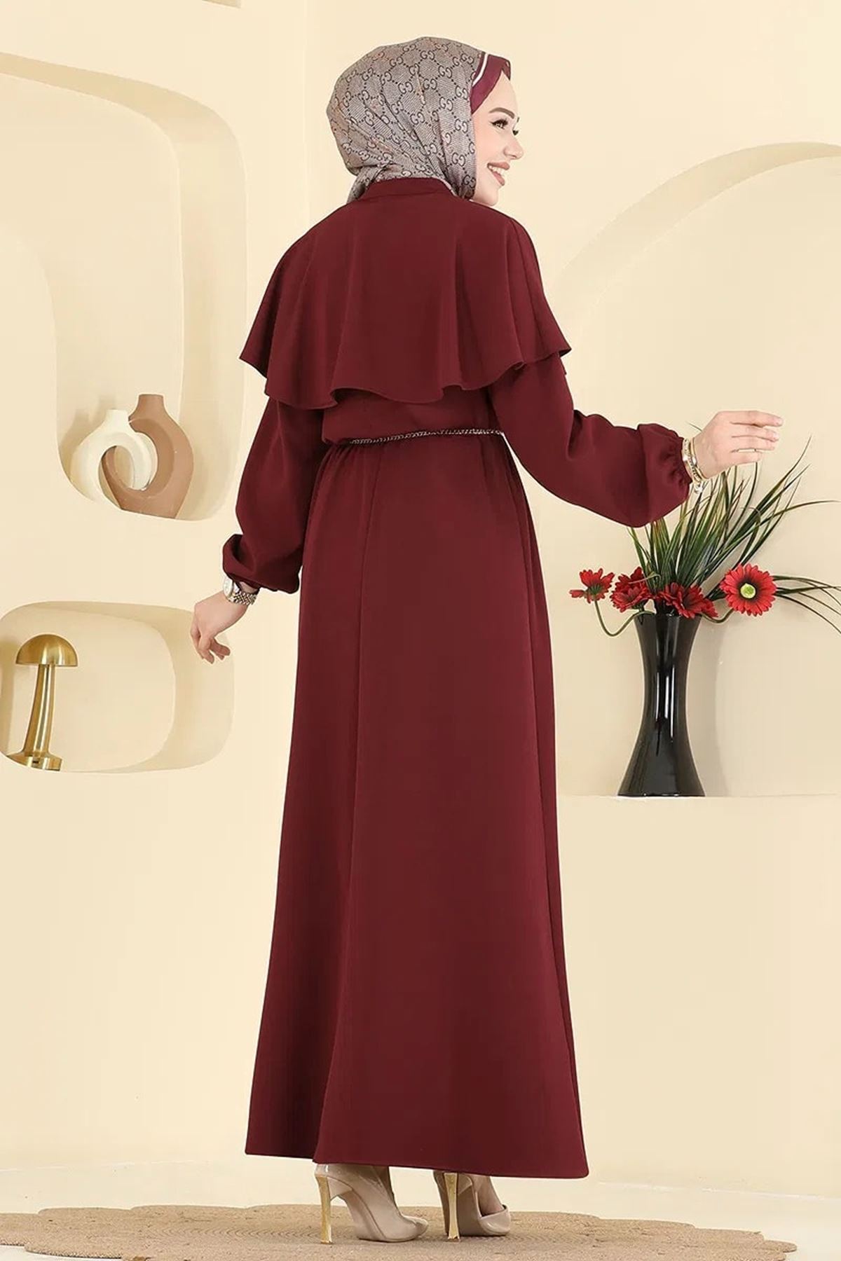 Pelerinli Elbise - Bordo