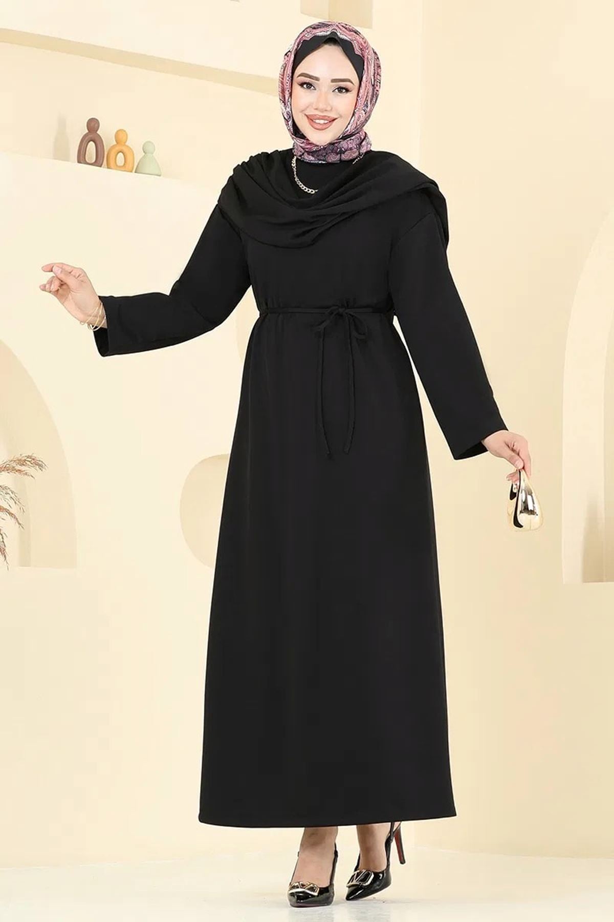 Şal Detay Kemerli Elbise - Siyah