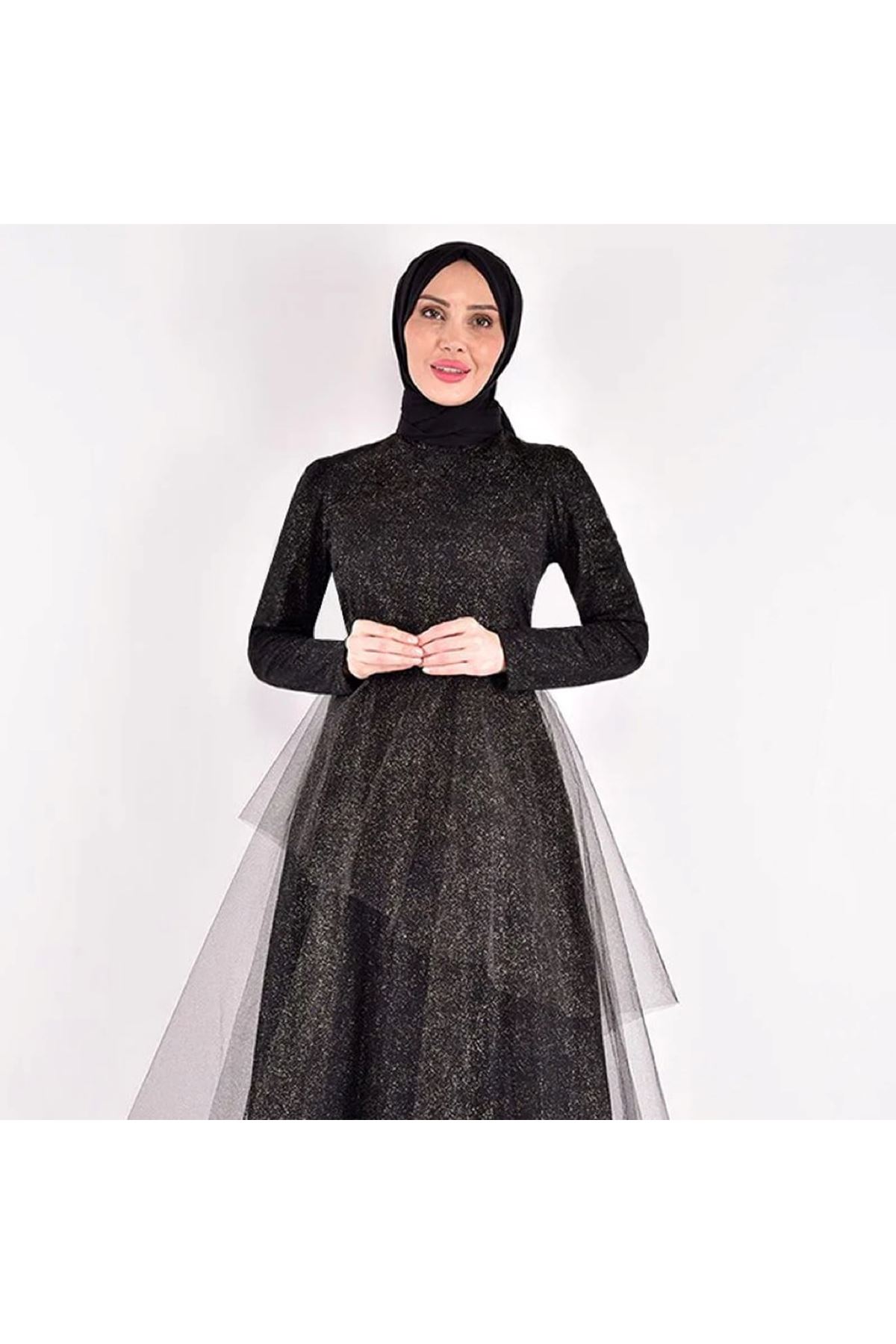 Eteği Katlı Tül Abiye Siyah