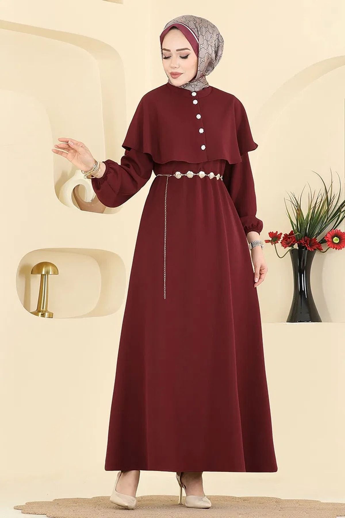 Pelerinli Elbise - Bordo