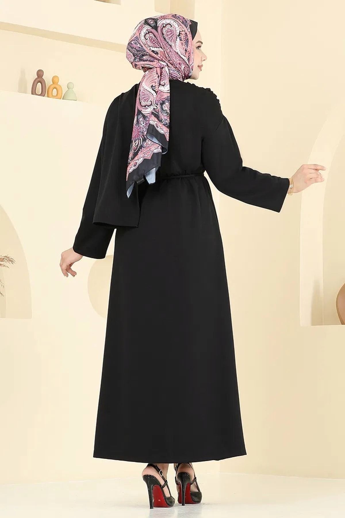 Şal Detay Kemerli Elbise - Siyah