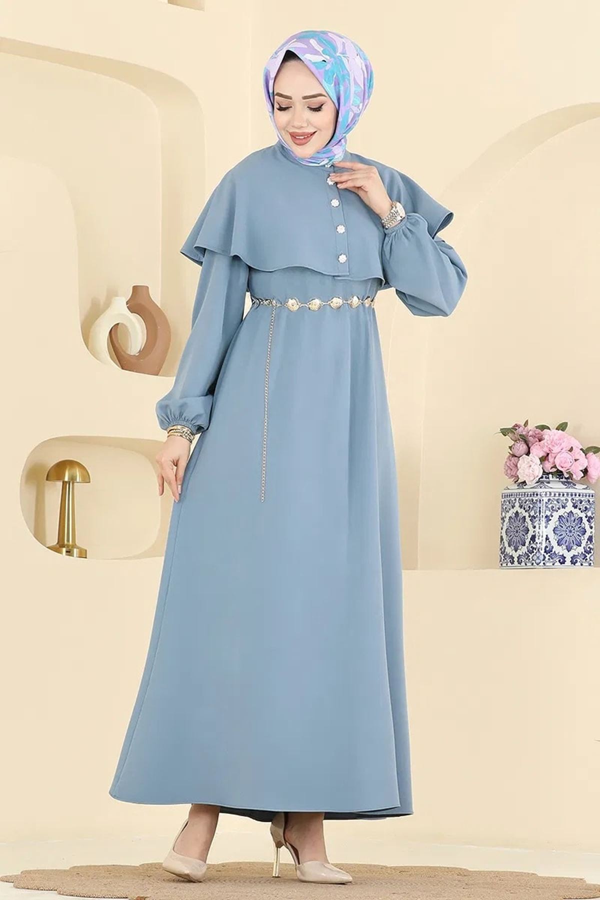 Pelerinli Elbise - Mavi