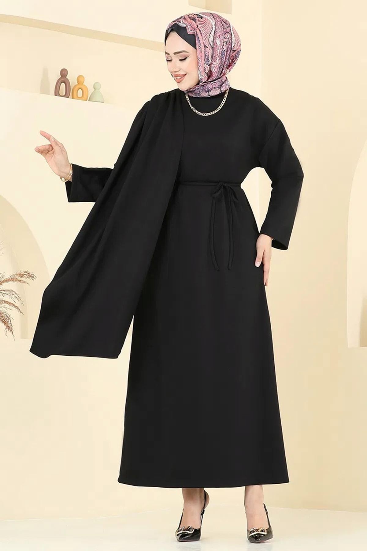 Şal Detay Kemerli Elbise - Siyah