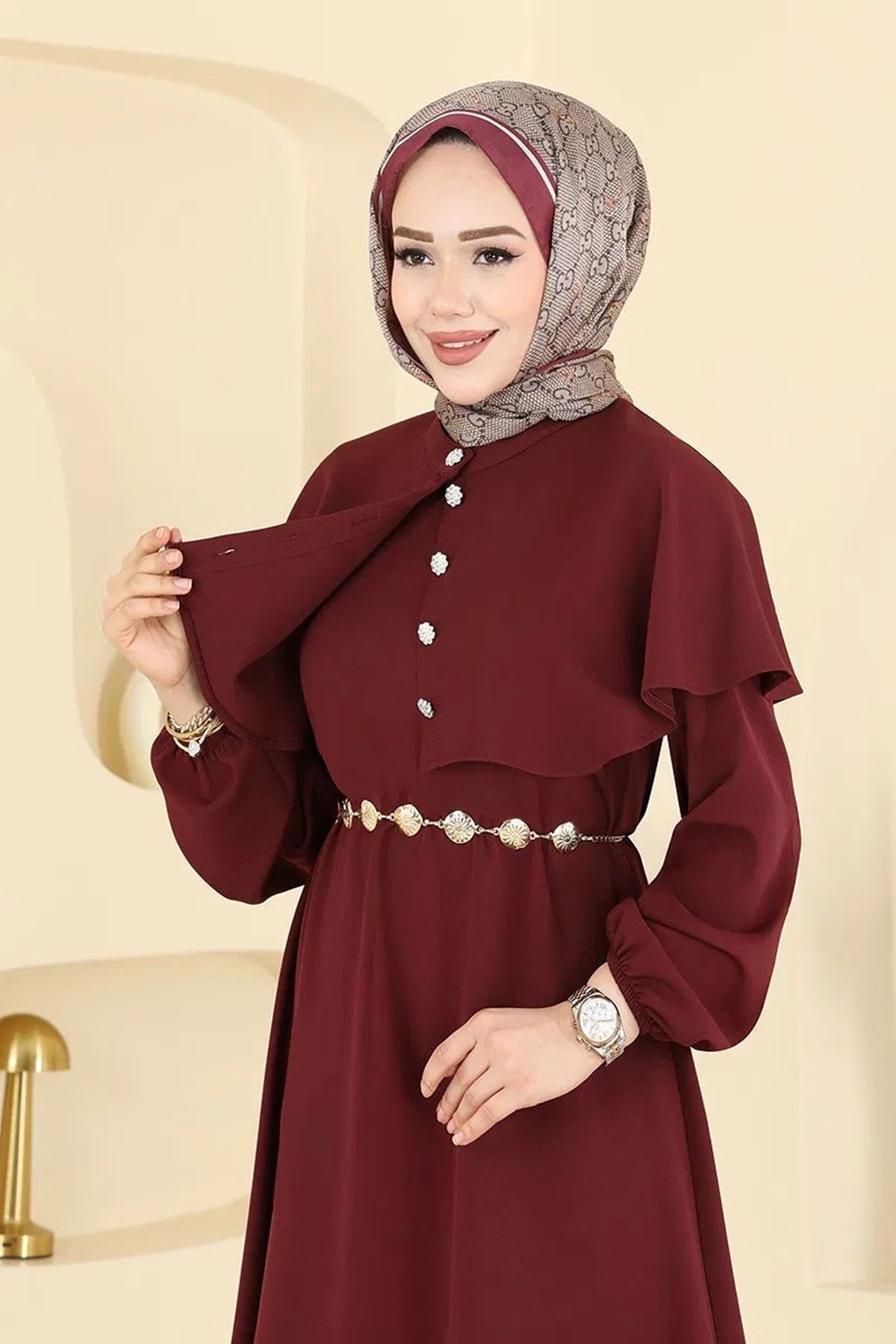 Pelerinli Elbise - Bordo