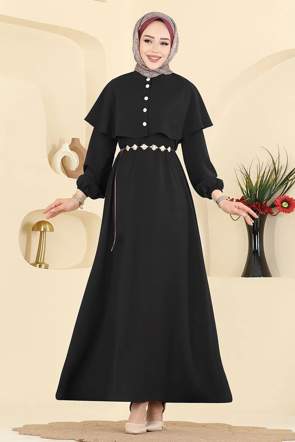 Pelerinli Elbise - Siyah