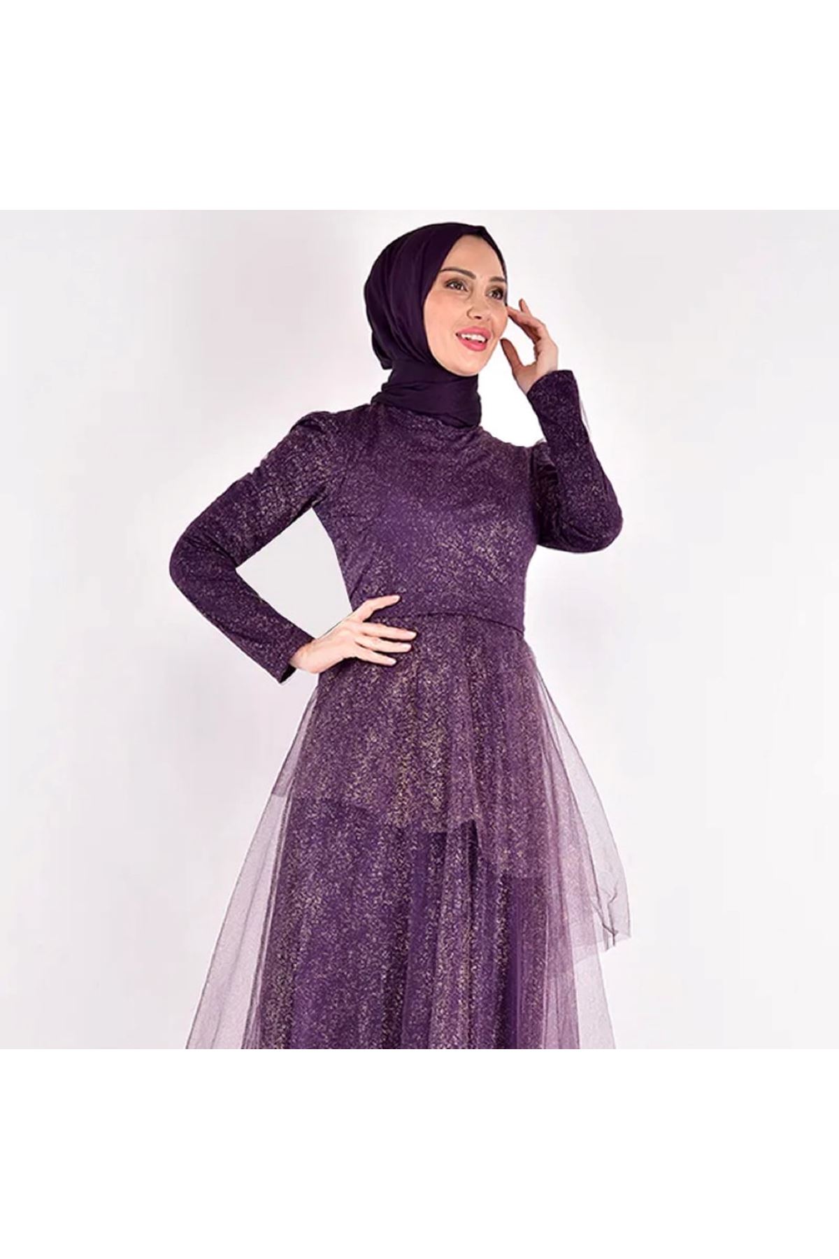 Eteği Katlı Tül Abiye Mor