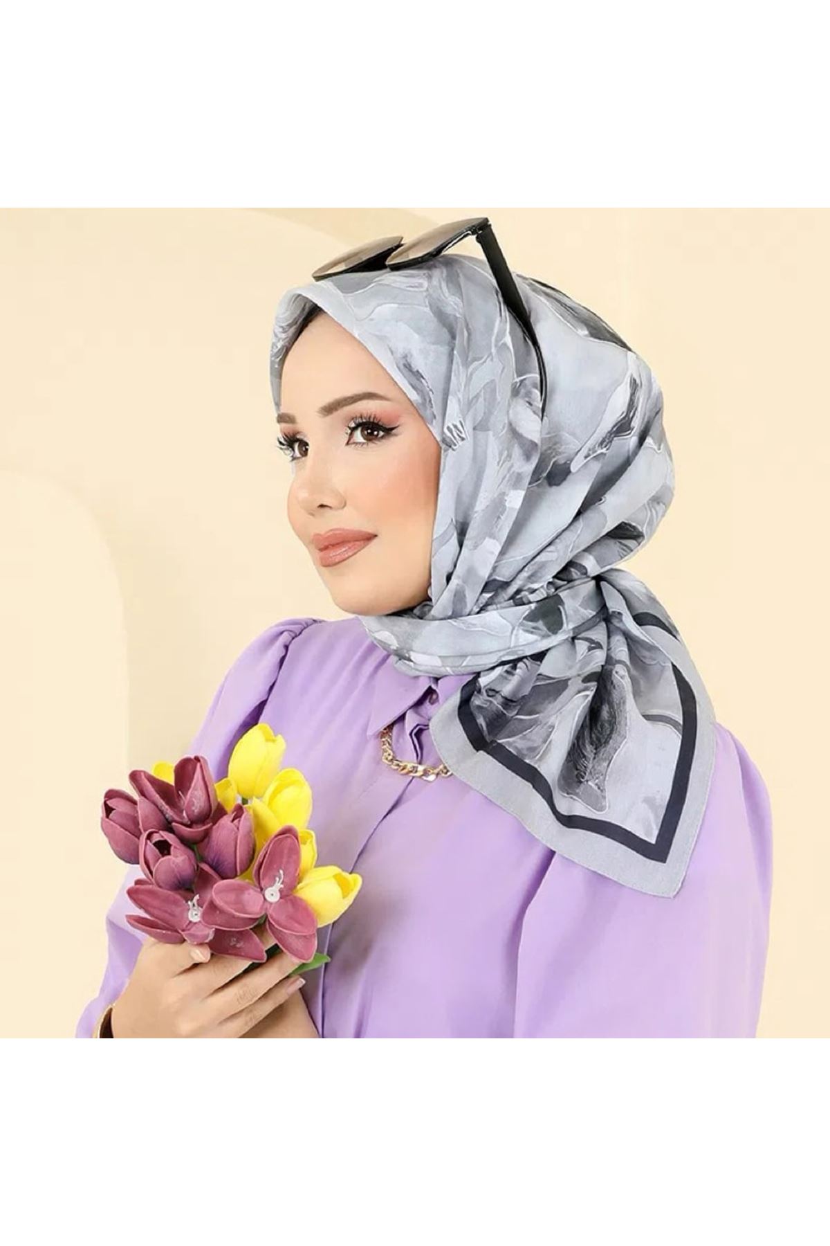 Desenli Soft Eşarp Gri