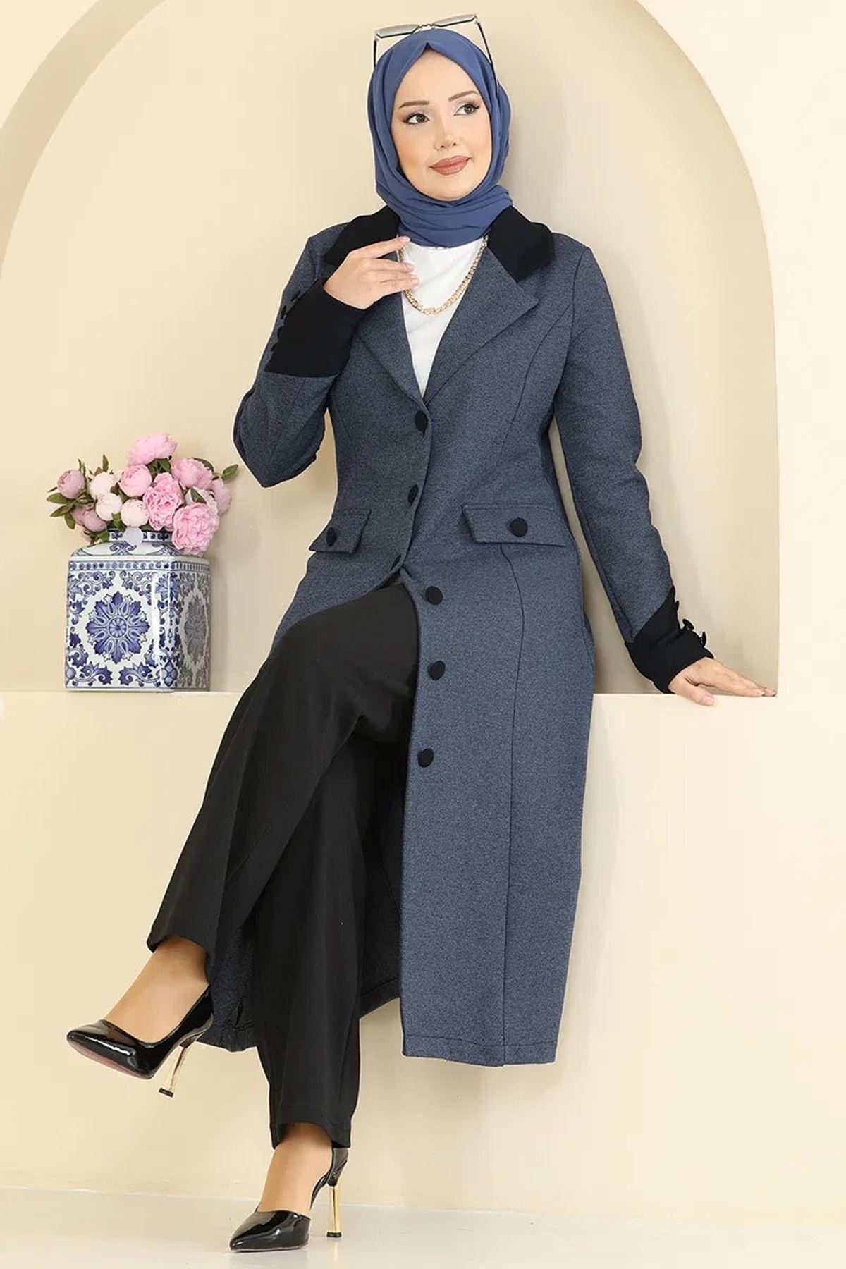 Kruvaze Yaka Kombin - İndigo&Siyah