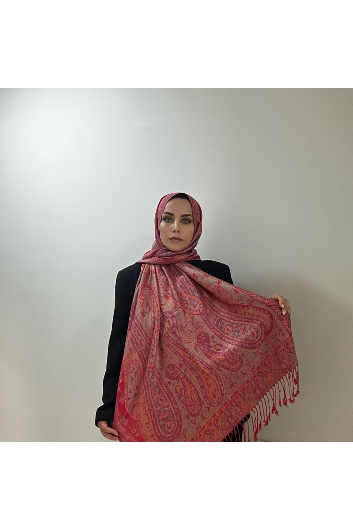 Etnik Desen Kaşmir Şal Kırmızı