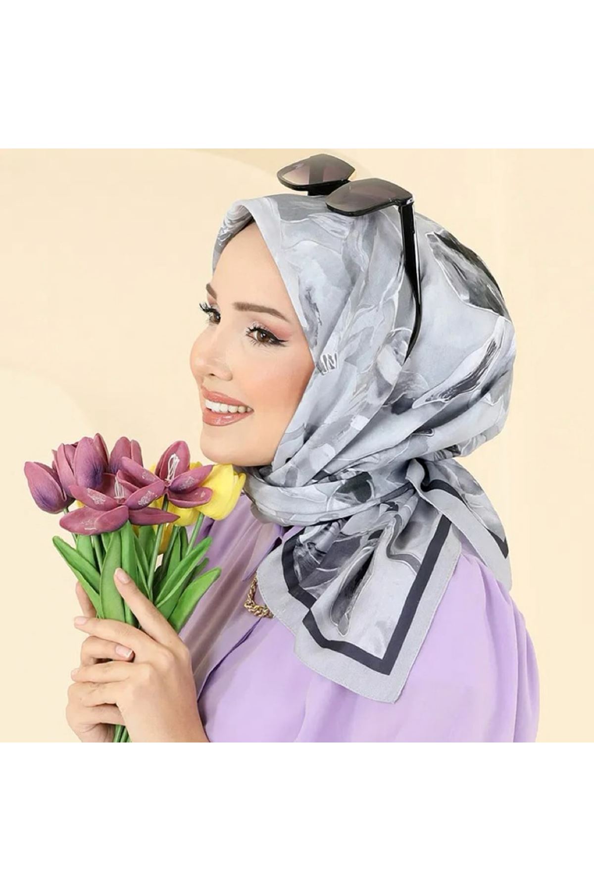 Desenli Soft Eşarp Gri