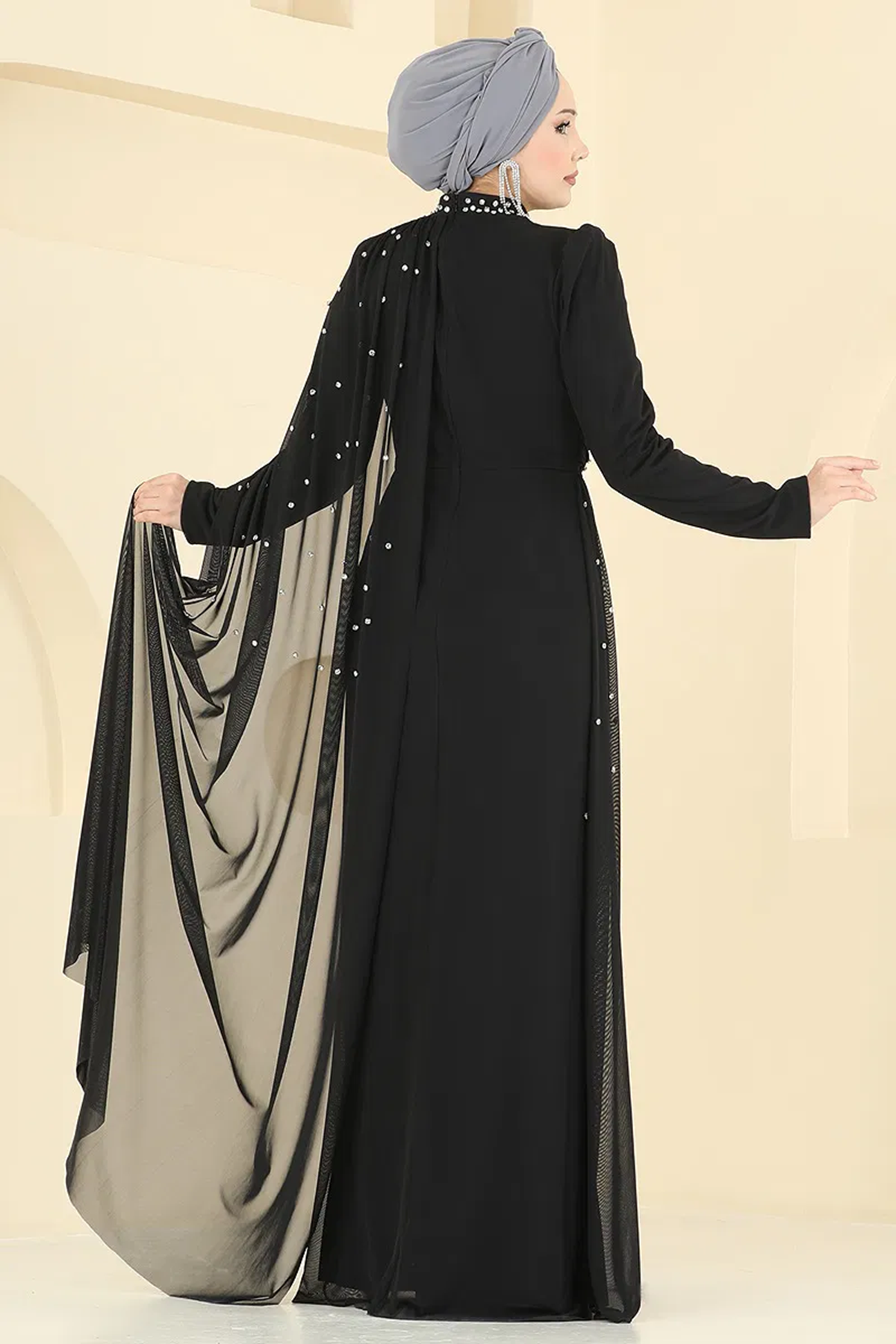 Pelerinli Tül Abiye Siyah