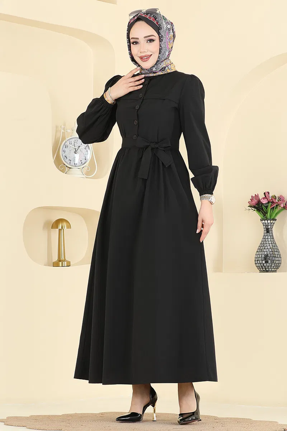 Kuşaklı Terikoton Elbise Siyah