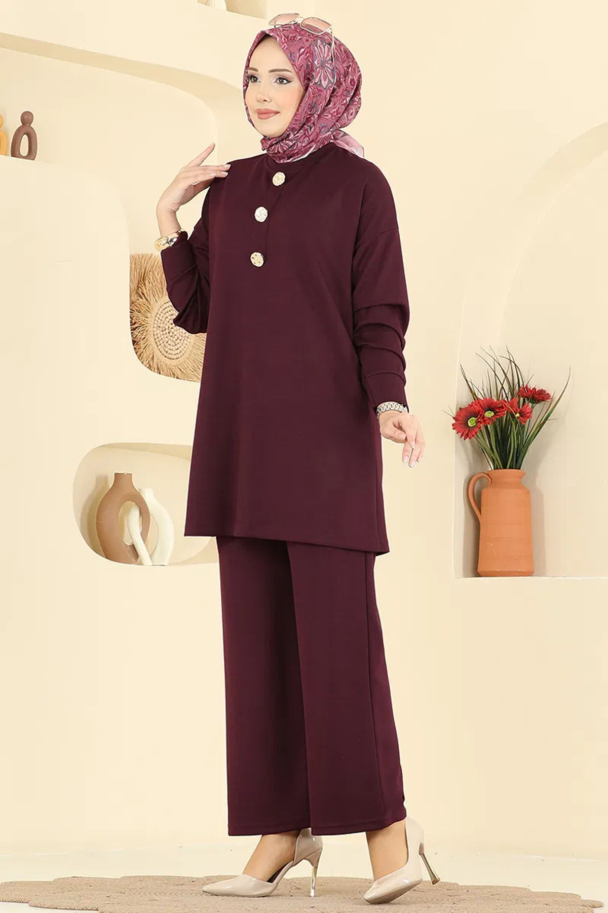 Gold Düğmeli Şık Takım Bordo