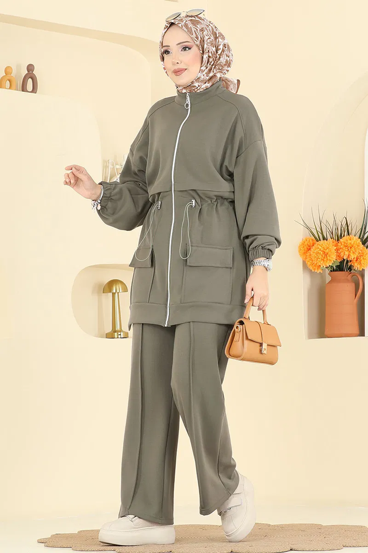 Bağcıklı Modal Takım Açık Haki