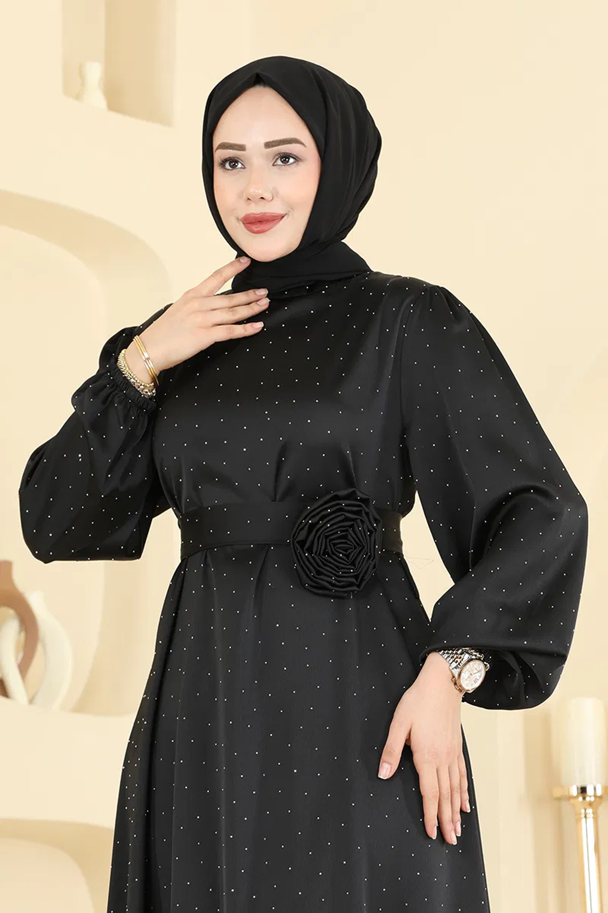 Kemerli Saten Abiye Siyah