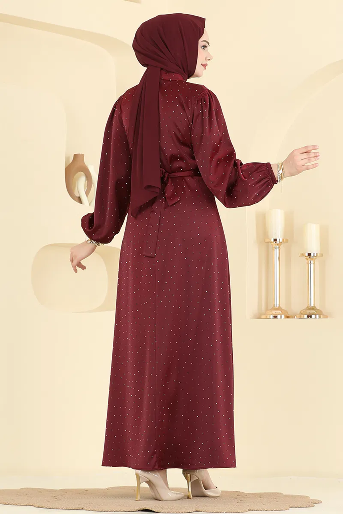 Kemerli Saten Abiye Bordo