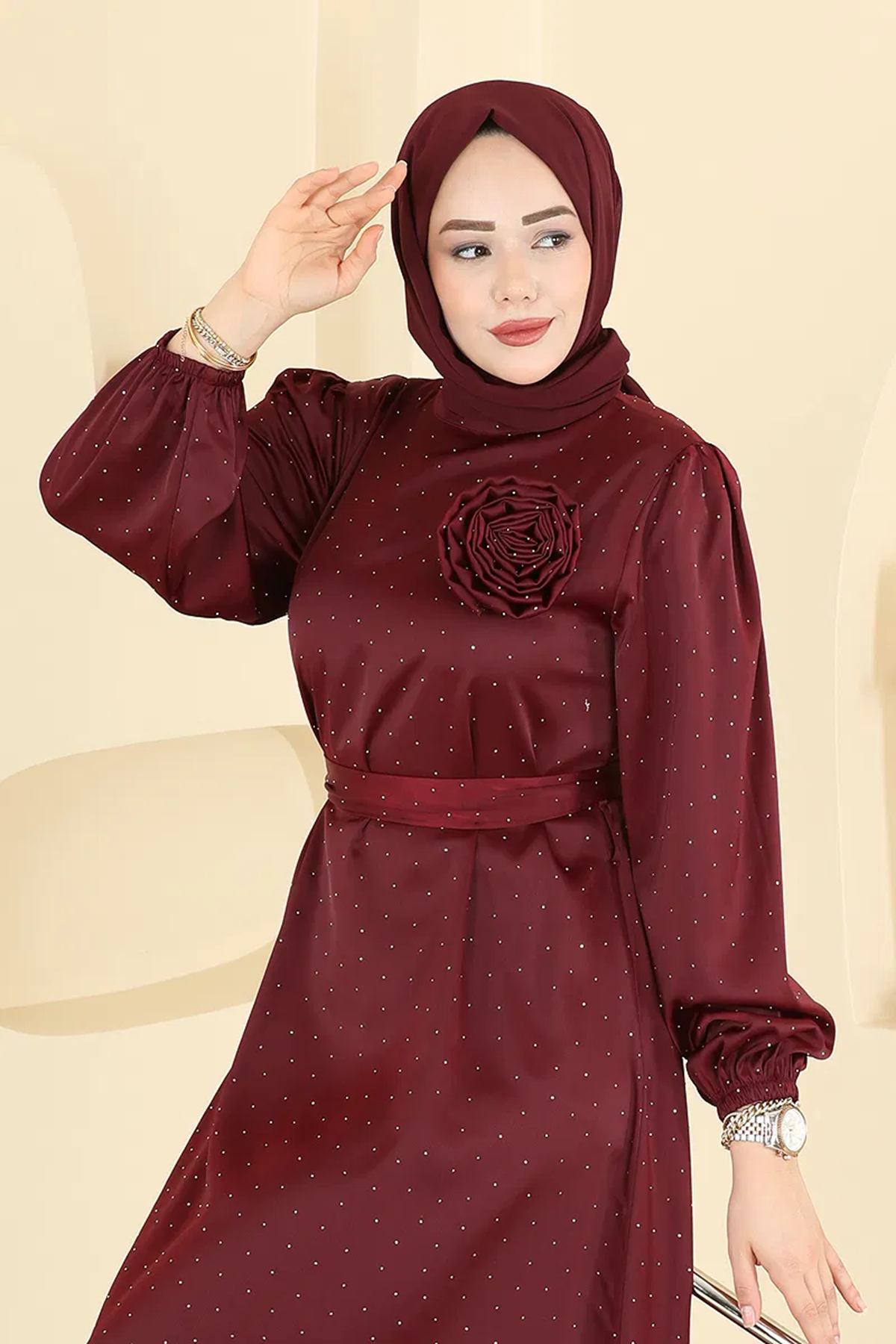 Kemerli Saten Abiye Bordo