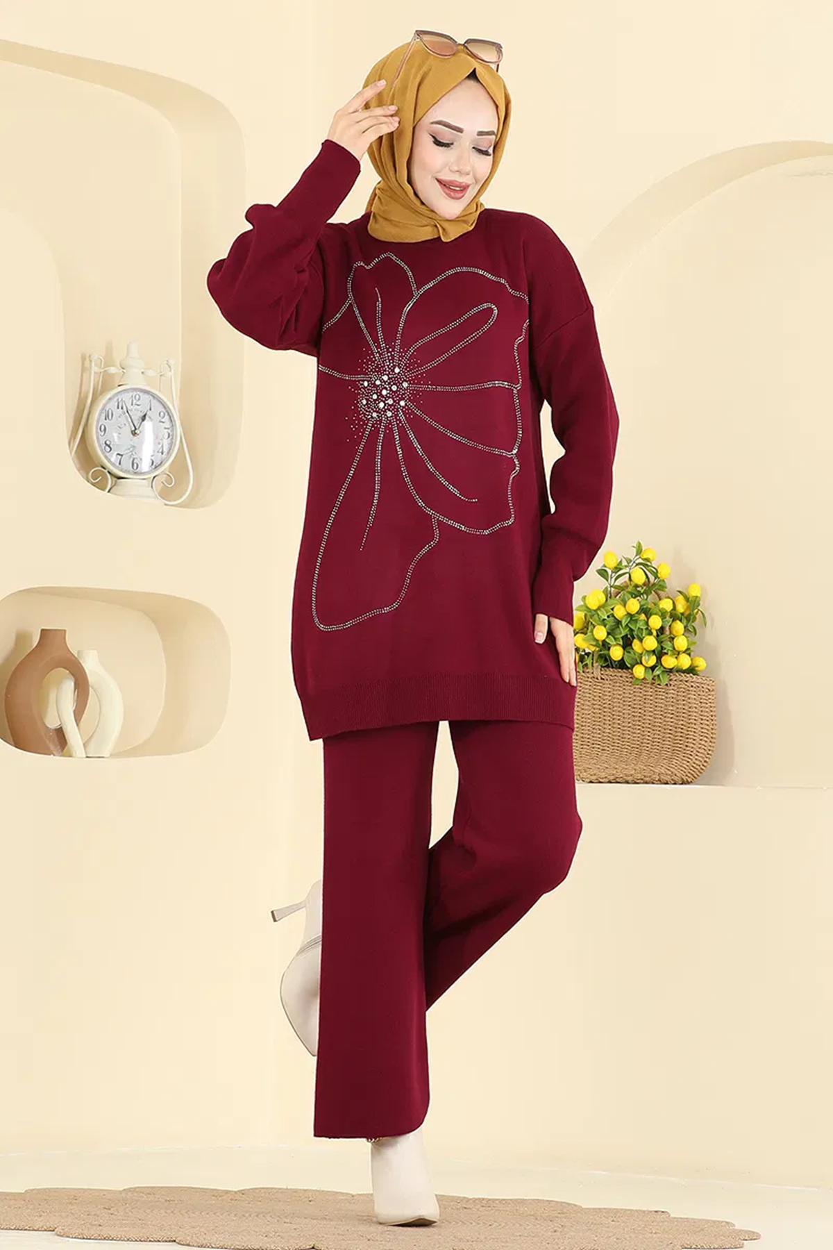 Taş Detaylı Triko Takım Bordo