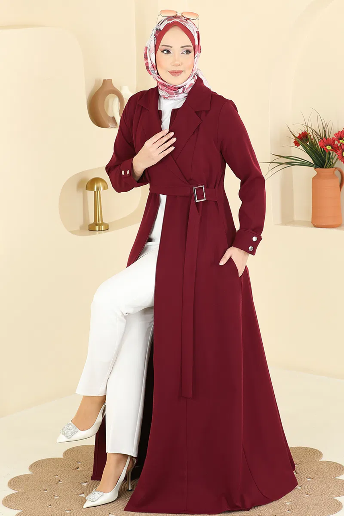 Önü Ceket Detaylı Dabıl Ferace Bordo
