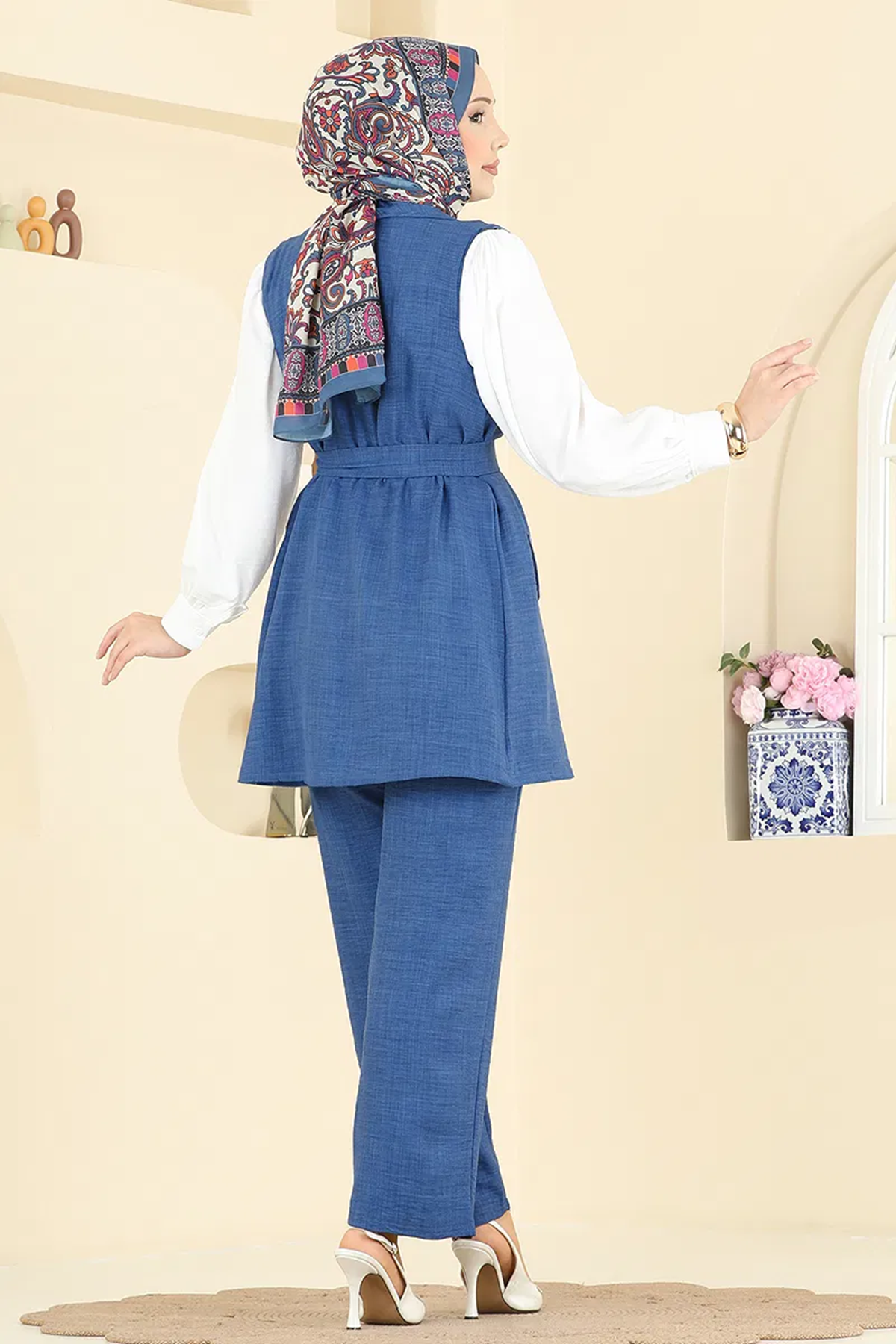 Yelekli Üçlü Takım İndigo