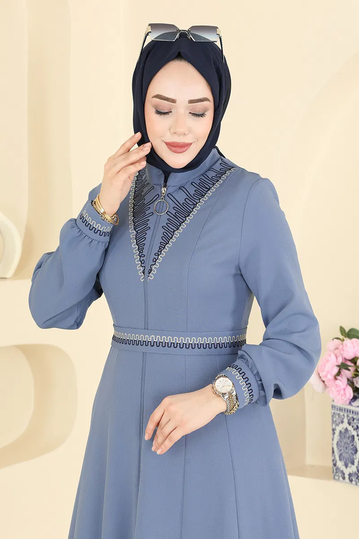 Nakış Detaylı Ferace Mavi