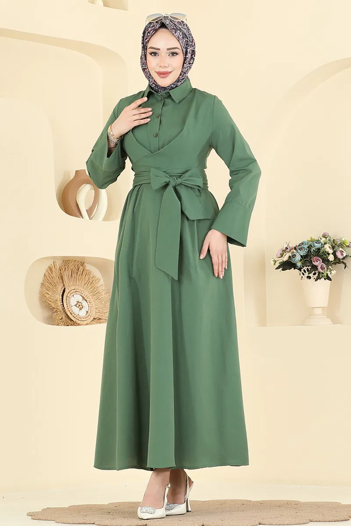 Bağlamalı Terikoton Elbise Haki