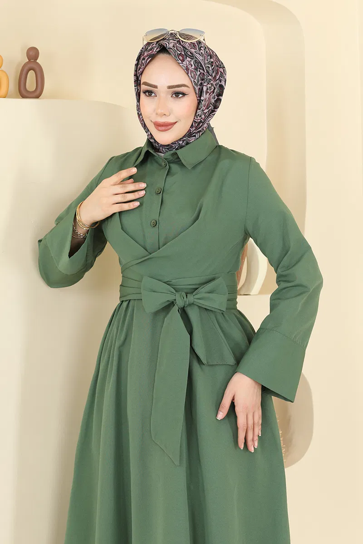 Bağlamalı Terikoton Elbise Haki