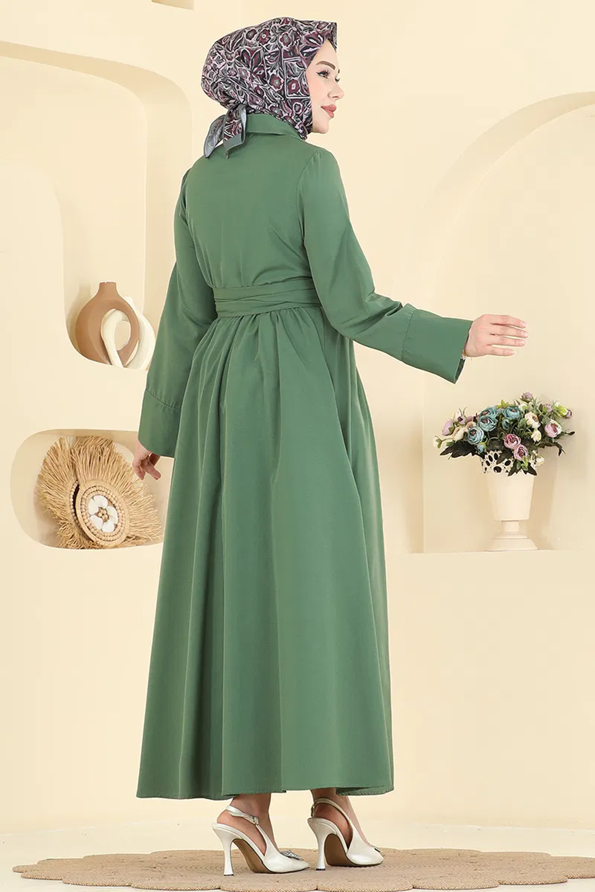 Bağlamalı Terikoton Elbise Haki