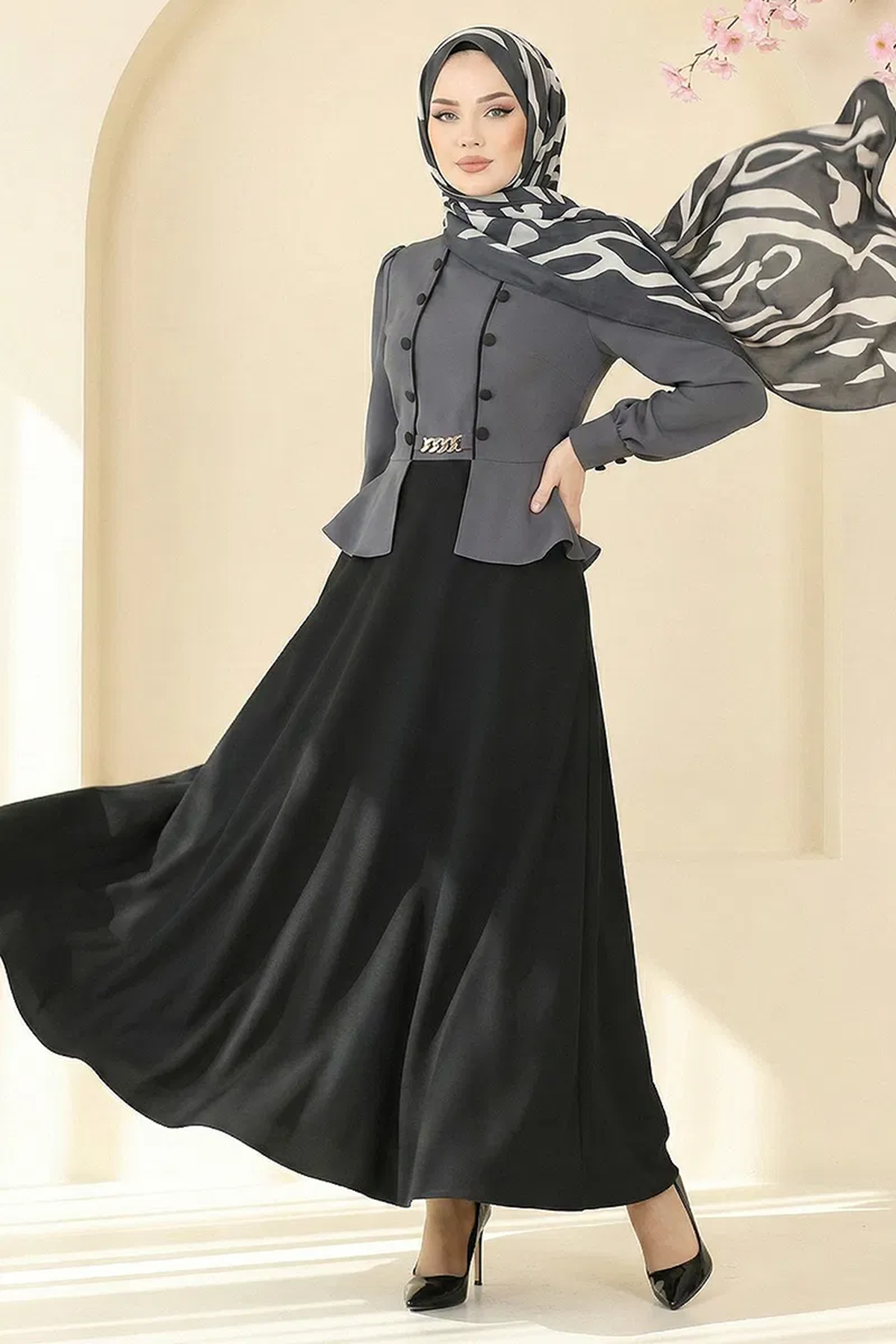 Ceket Detaylı Dabıl Elbise Antrasit