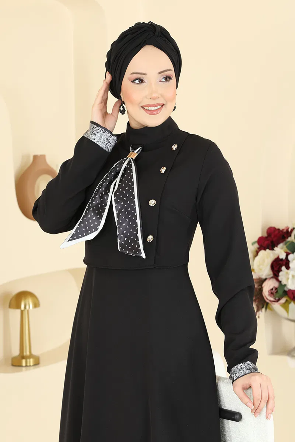 Fularlı Dabıl Elbise Siyah