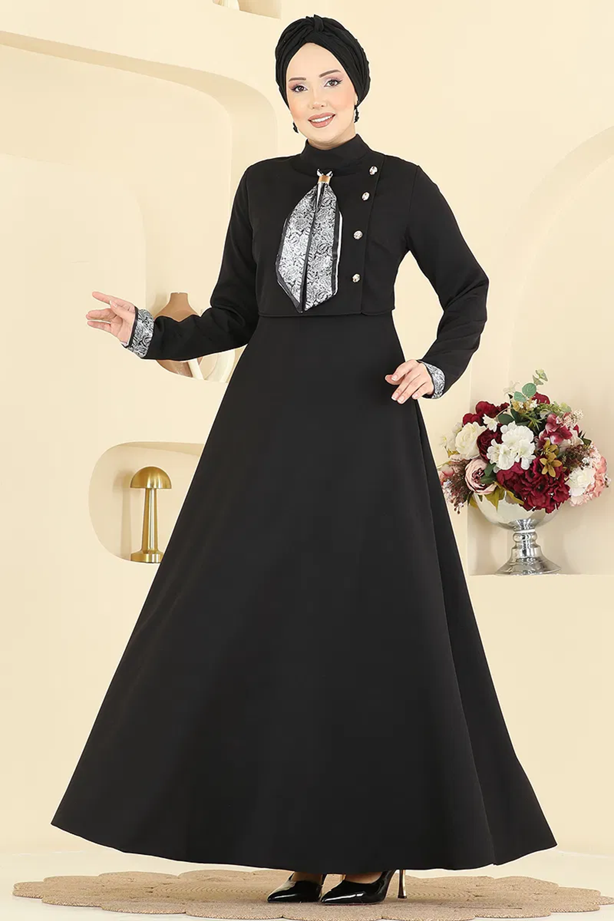 Fularlı Dabıl Elbise Siyah