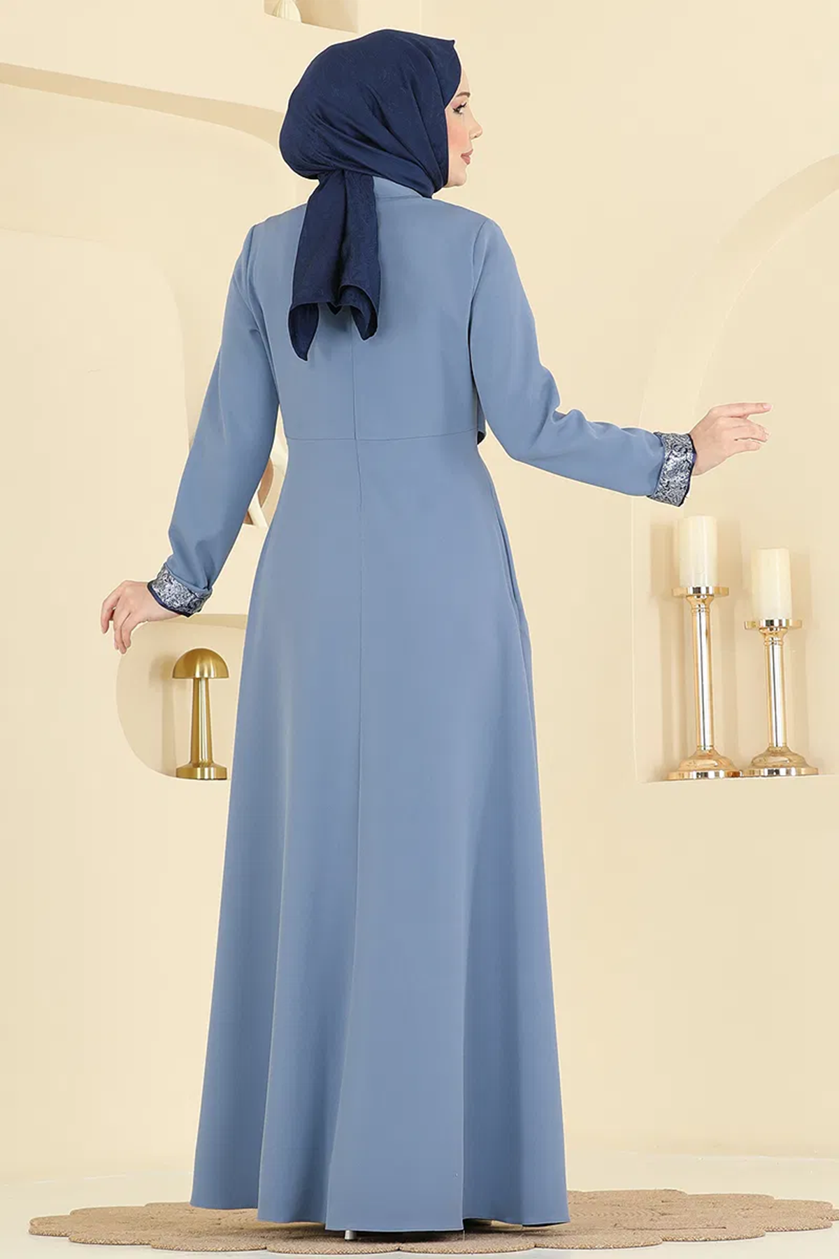 Fularlı Dabıl Elbise Mavi