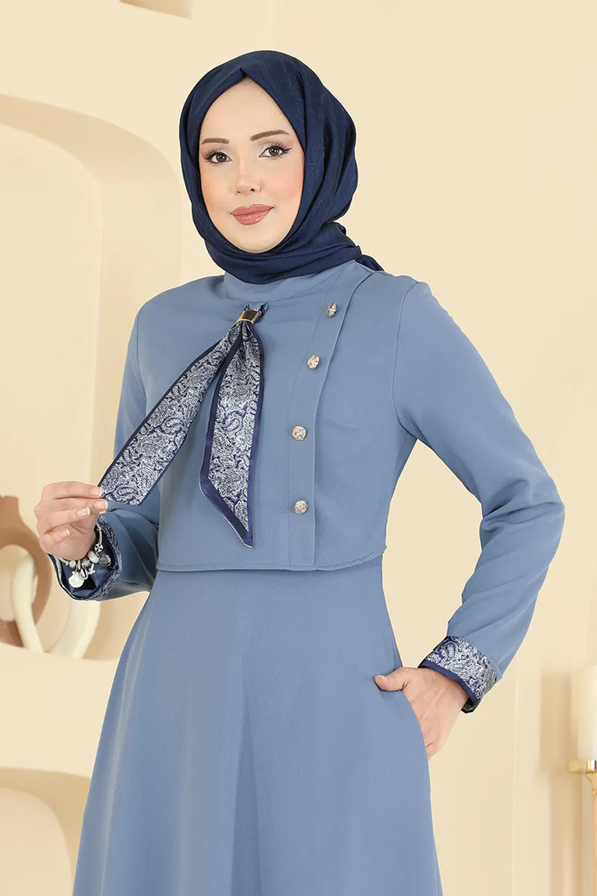 Fularlı Dabıl Elbise Mavi