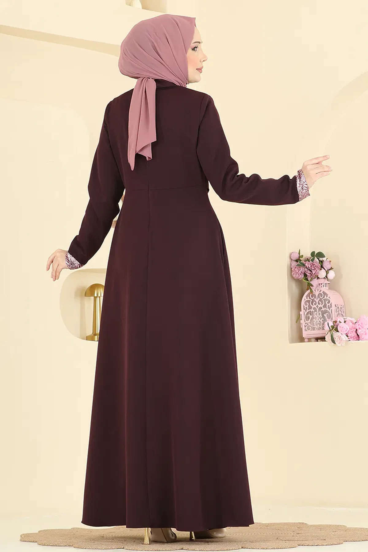 Fularlı Dabıl Elbise Koyu Mürdüm