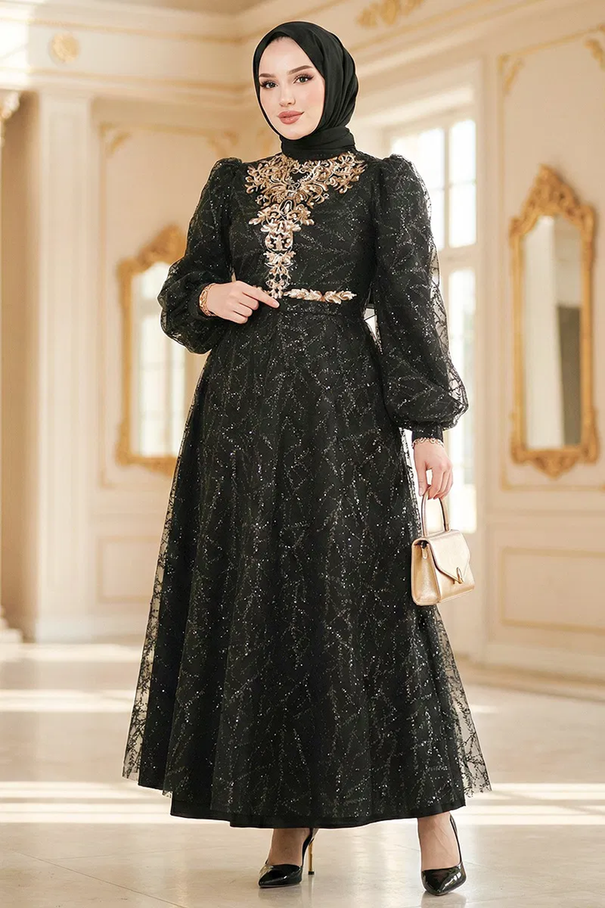 Pul Detaylı Abiye Siyah