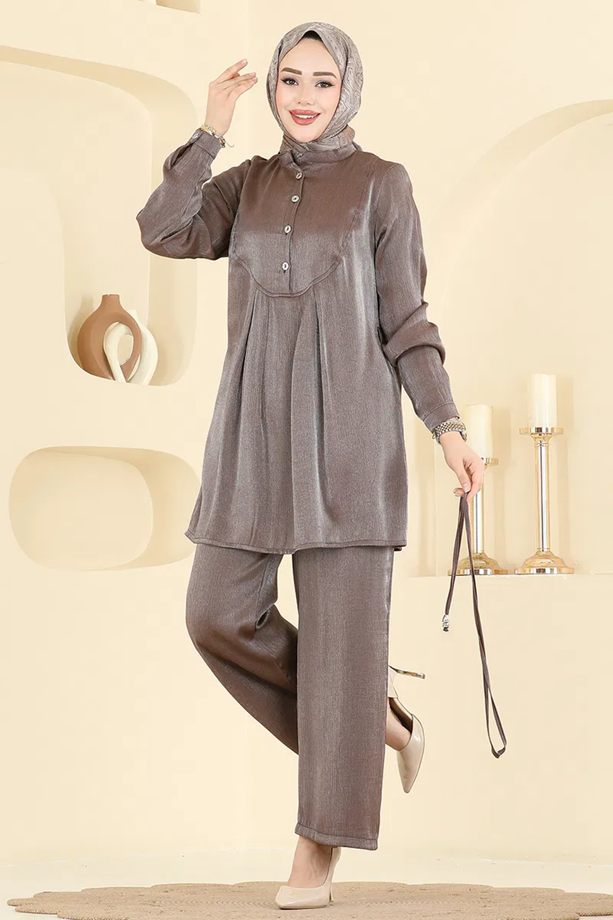 Parlak Bürümcük Takım Kahve