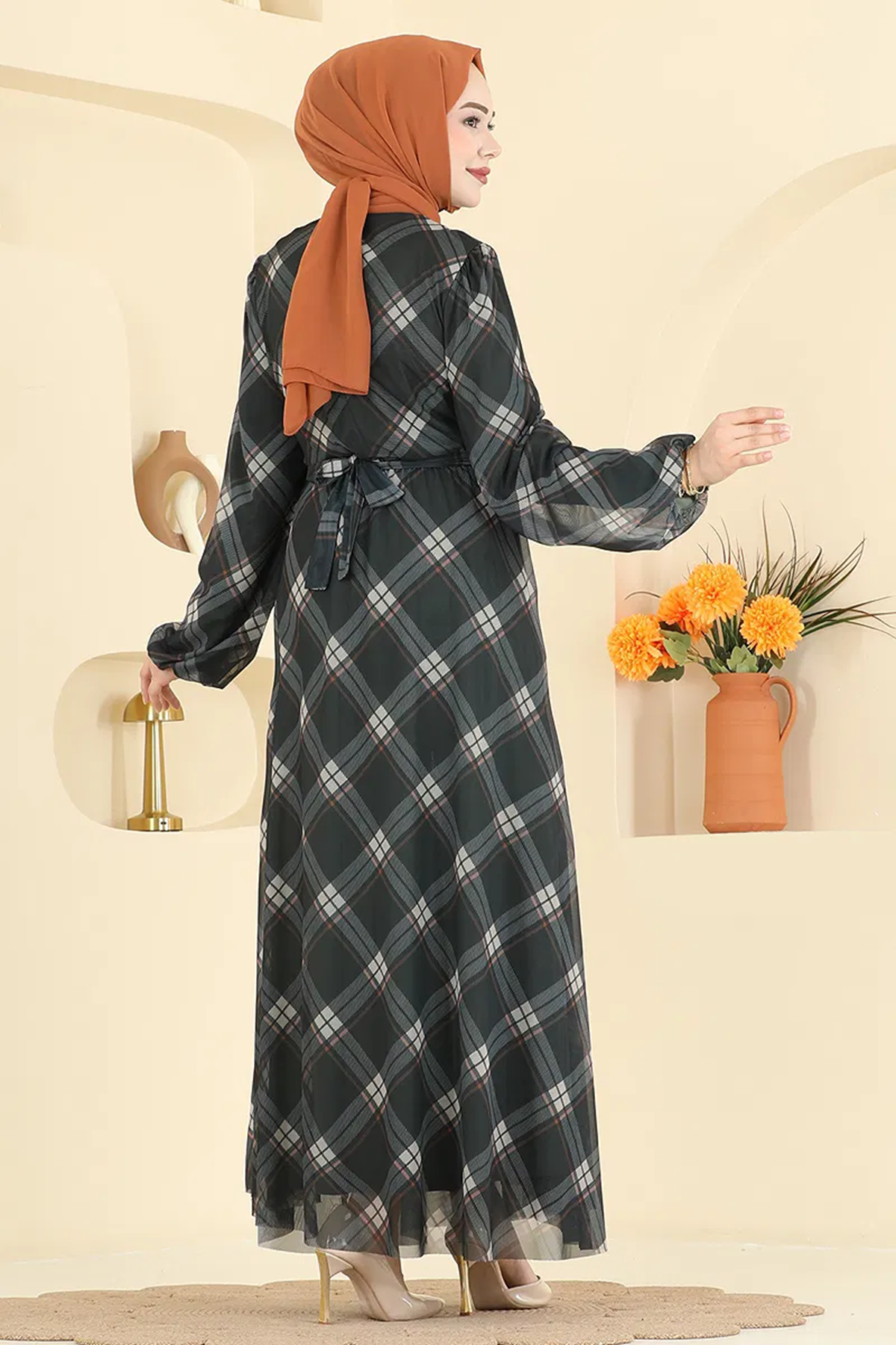 Ekose Tül Elbise Haki