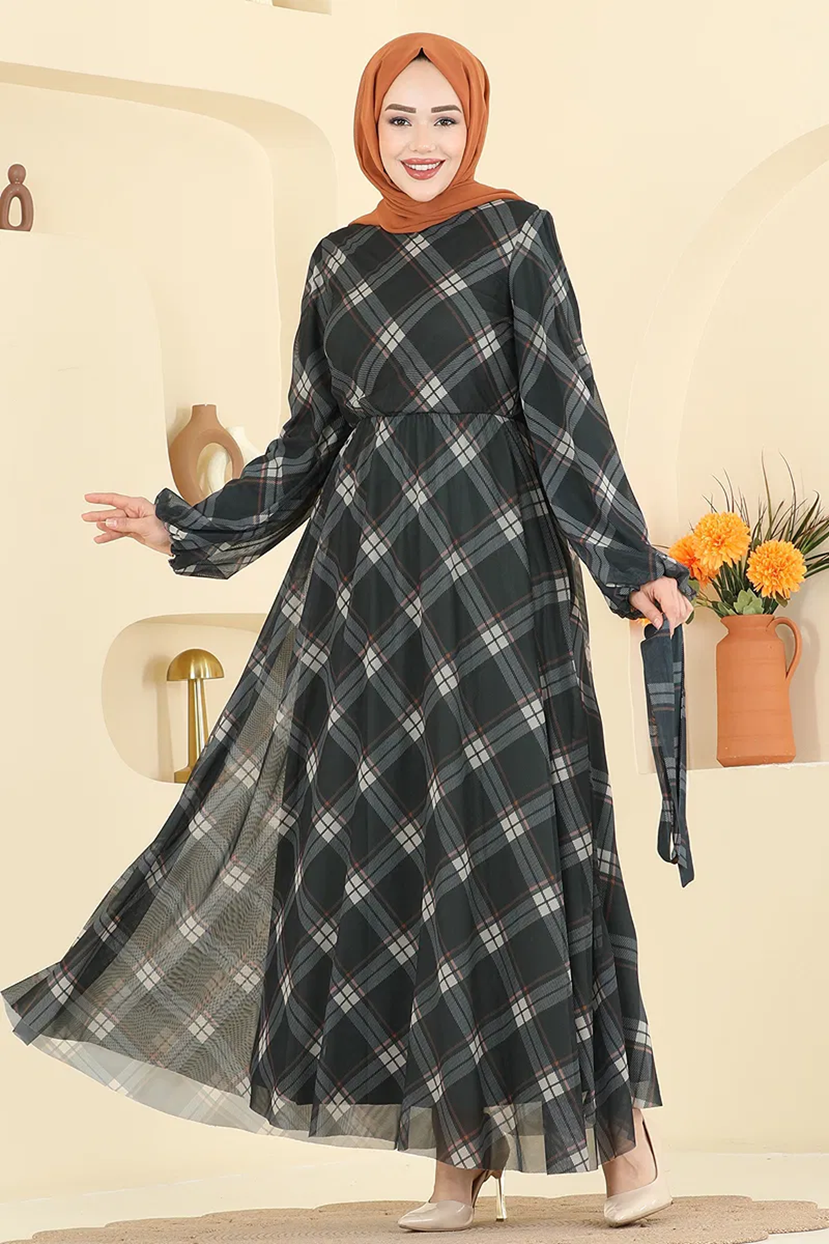 Ekose Tül Elbise Haki